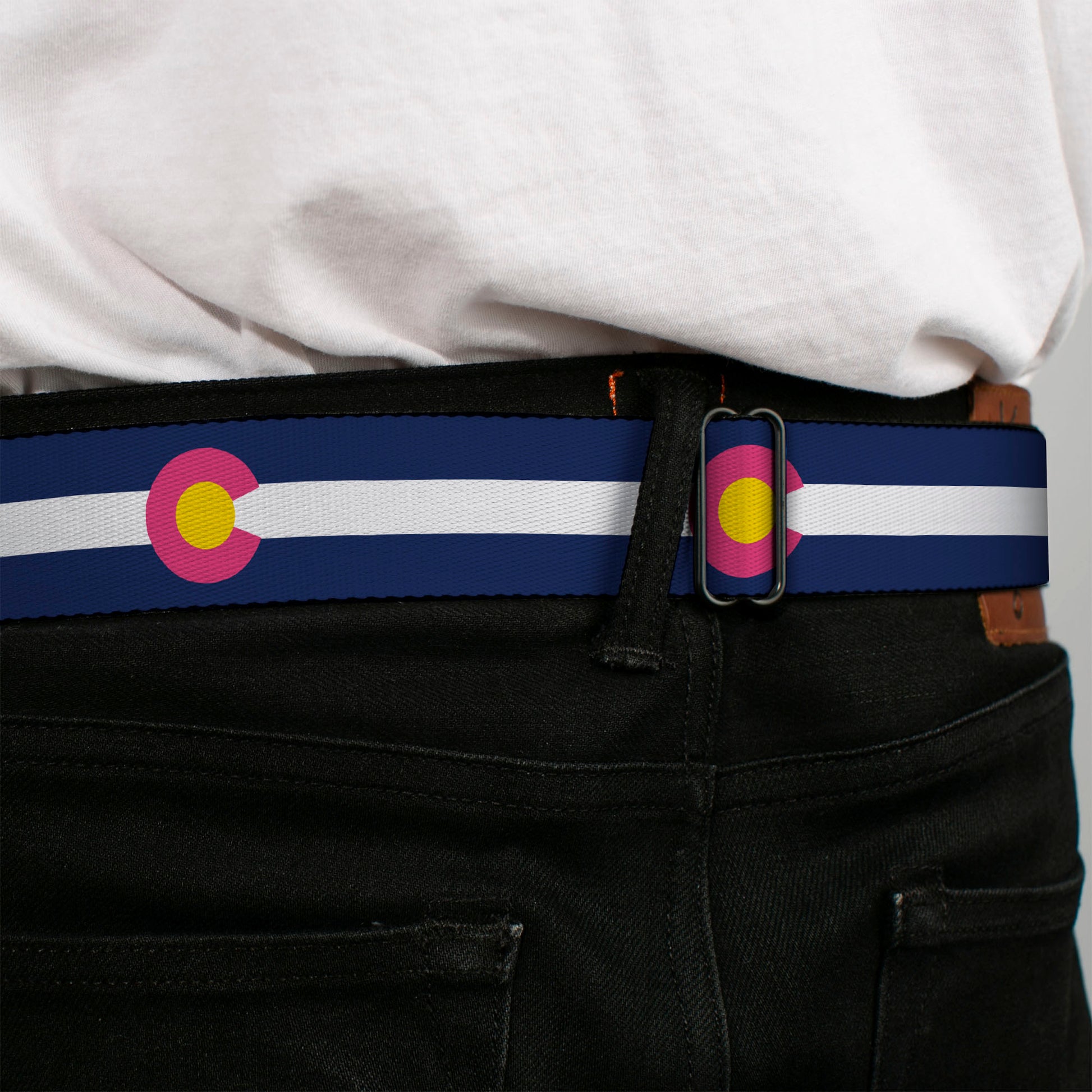 BD Wings Logo CLOSE-UP Black/Silver Seatbelt Belt - Colorado Flags6 Repeat Blue/White/Pink/Yellow Webbing Seatbelt Belts Buckle-Down