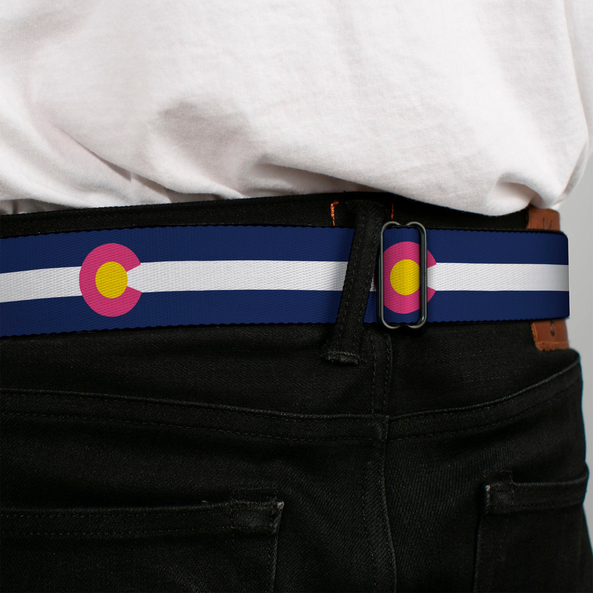 BD Wings Logo CLOSE-UP Black/Silver Seatbelt Belt - Colorado Flags6 Repeat Blue/White/Pink/Yellow Webbing Seatbelt Belts Buckle-Down