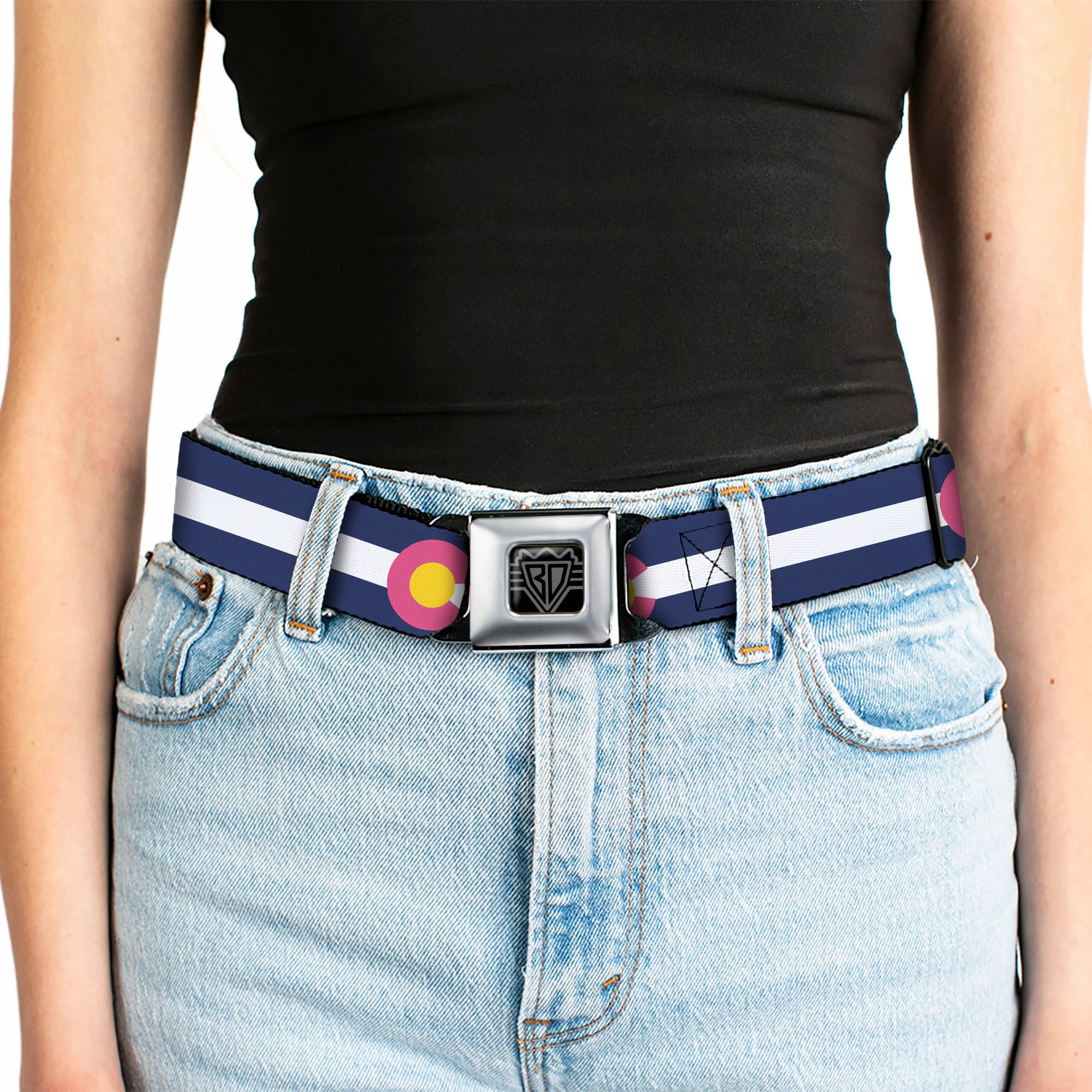 BD Wings Logo CLOSE-UP Black/Silver Seatbelt Belt - Colorado Flags6 Repeat Blue/White/Pink/Yellow Webbing Seatbelt Belts Buckle-Down