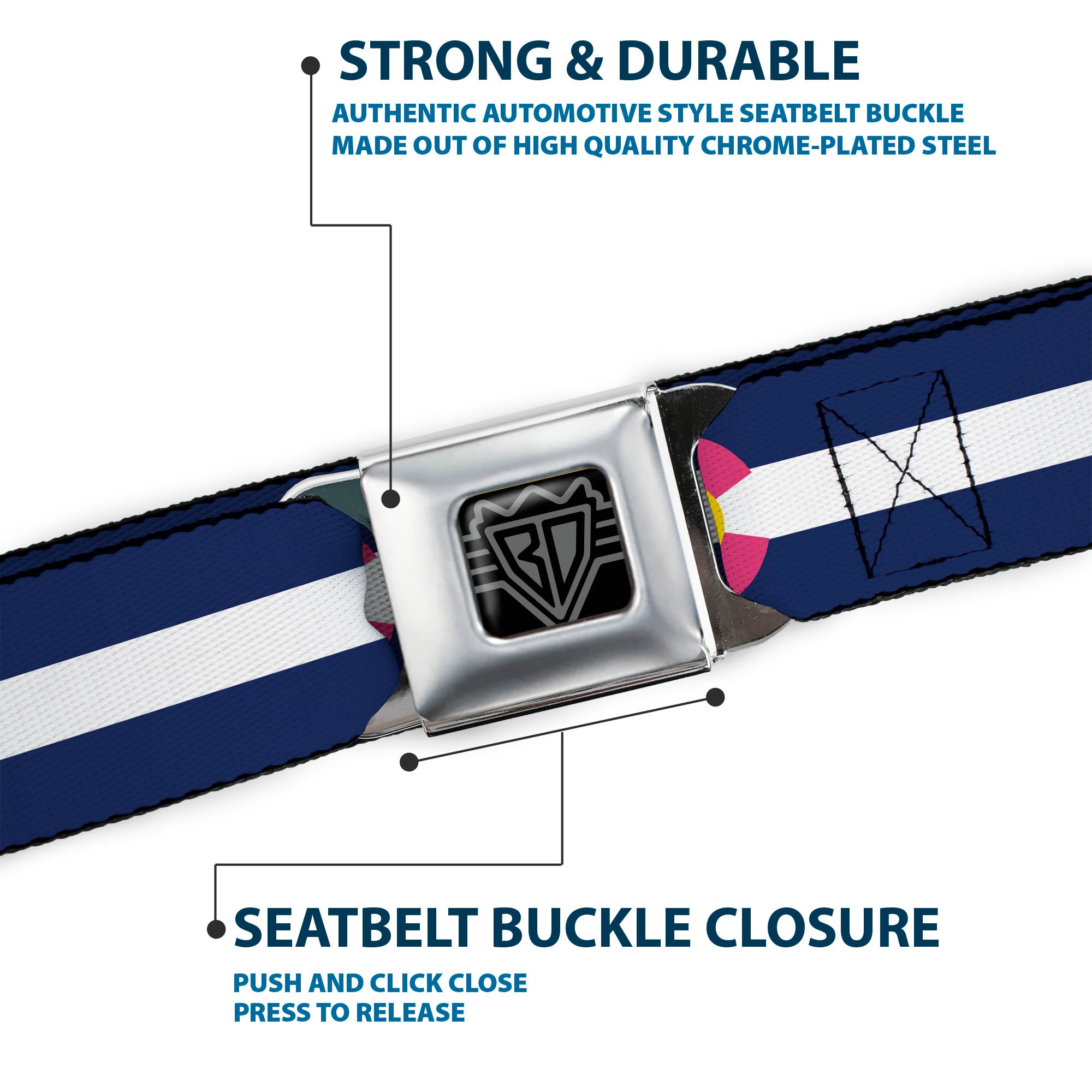 BD Wings Logo CLOSE-UP Black/Silver Seatbelt Belt - Colorado Flags6 Repeat Blue/White/Pink/Yellow Webbing Seatbelt Belts Buckle-Down