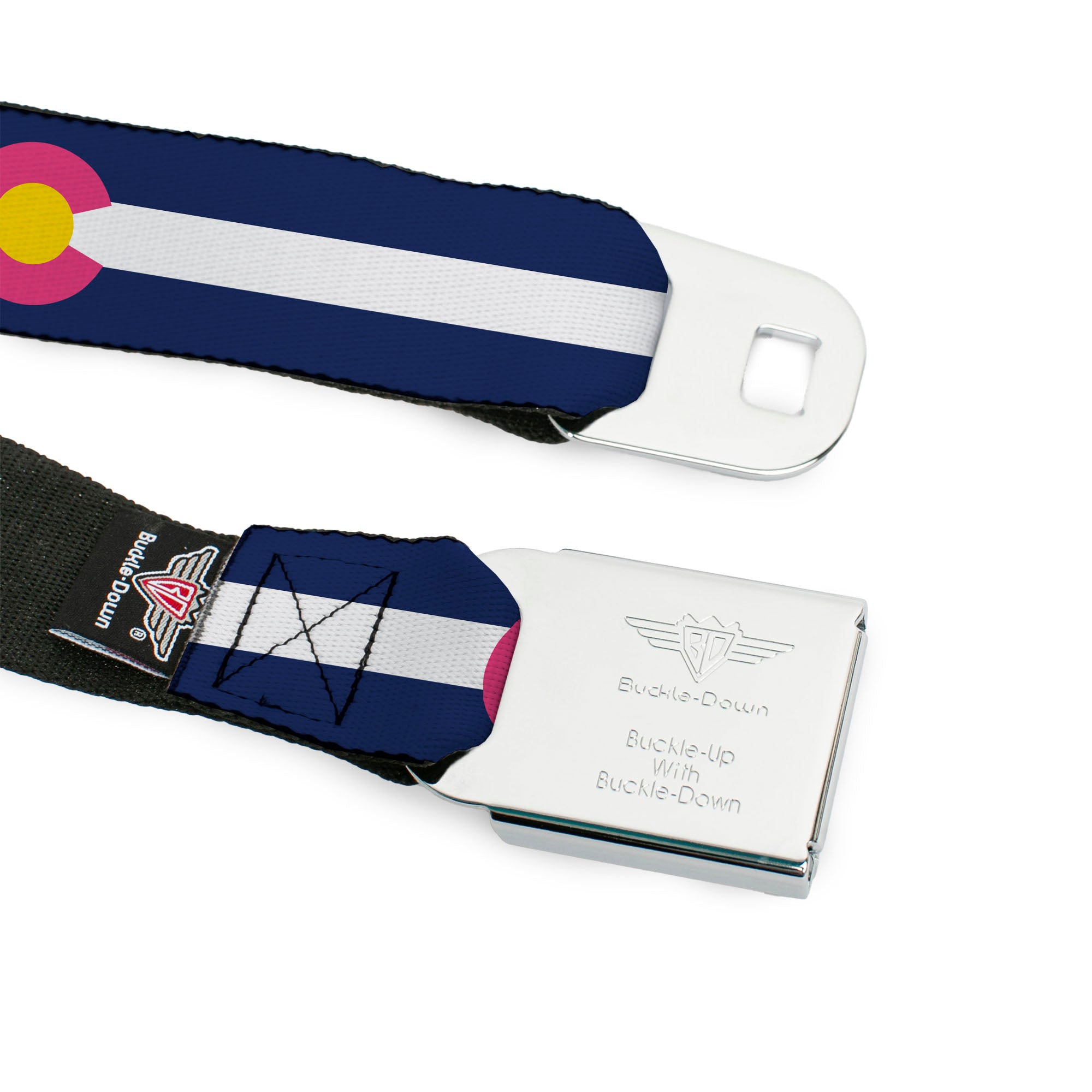 BD Wings Logo CLOSE-UP Black/Silver Seatbelt Belt - Colorado Flags6 Repeat Blue/White/Pink/Yellow Webbing Seatbelt Belts Buckle-Down