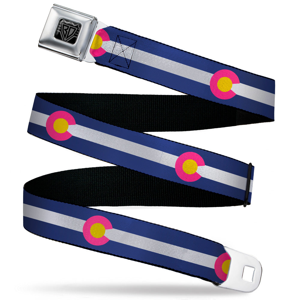 BD Wings Logo CLOSE-UP Black/Silver Seatbelt Belt - Colorado Flags6 Repeat Blue/White/Pink/Yellow Webbing Seatbelt Belts Buckle-Down