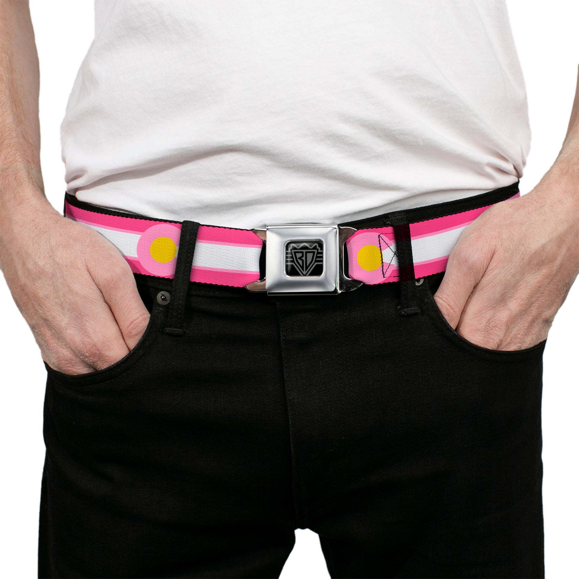 BD Wings Logo CLOSE-UP Black/Silver Seatbelt Belt - Colorado Flags7 Repeat Pinks/White/Light Pink/Yellow Webbing Seatbelt Belts Buckle-Down
