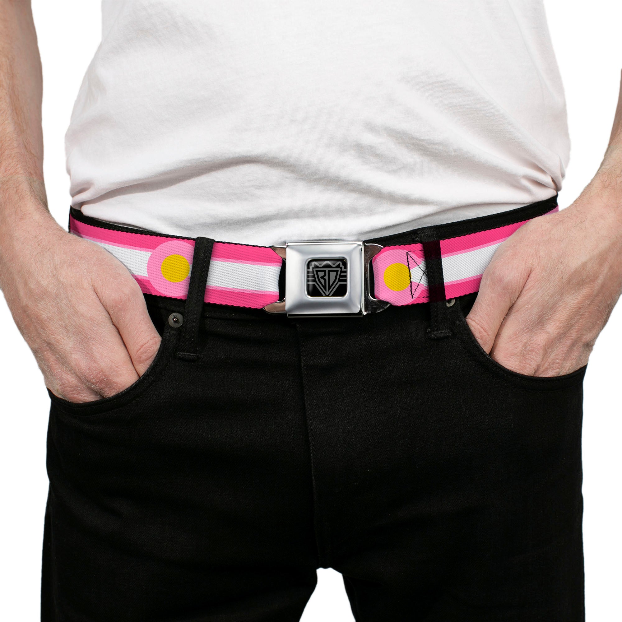 BD Wings Logo CLOSE-UP Black/Silver Seatbelt Belt - Colorado Flags7 Repeat Pinks/White/Light Pink/Yellow Webbing Seatbelt Belts Buckle-Down