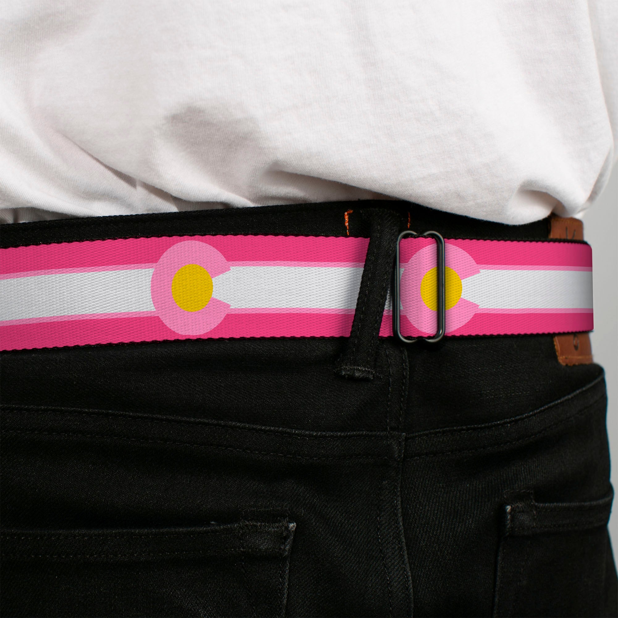 BD Wings Logo CLOSE-UP Black/Silver Seatbelt Belt - Colorado Flags7 Repeat Pinks/White/Light Pink/Yellow Webbing Seatbelt Belts Buckle-Down