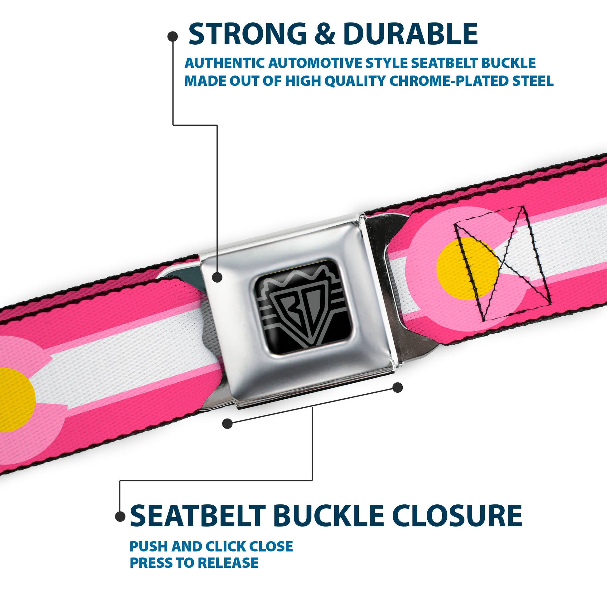 BD Wings Logo CLOSE-UP Black/Silver Seatbelt Belt - Colorado Flags7 Repeat Pinks/White/Light Pink/Yellow Webbing Seatbelt Belts Buckle-Down