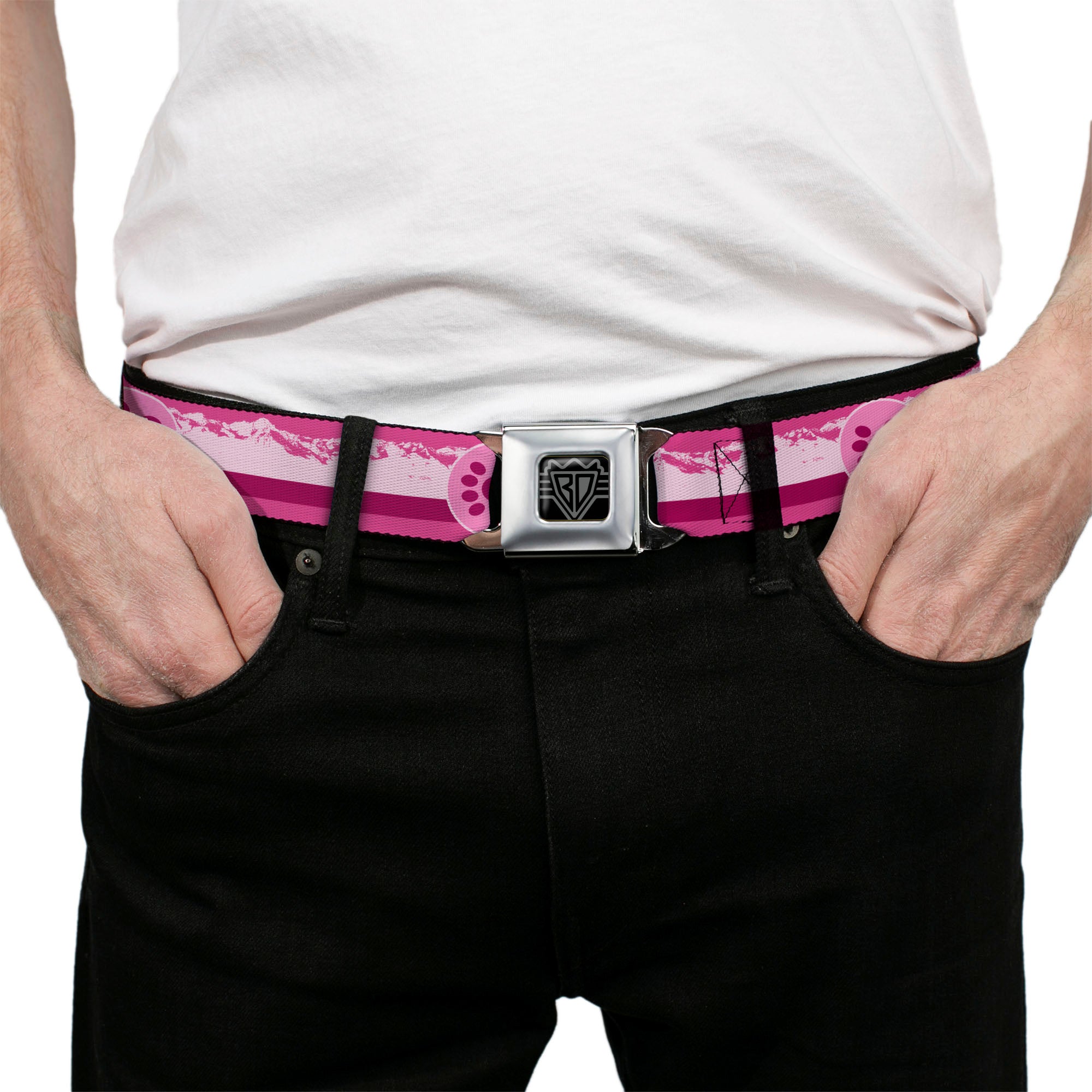 BD Wings Logo CLOSE-UP Black/Silver Seatbelt Belt - Colorado Paw/Mountains Pinks Webbing Seatbelt Belts Buckle-Down
