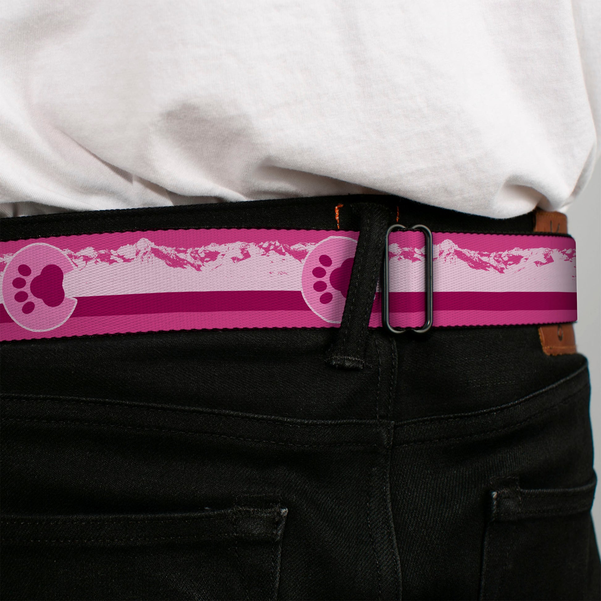 BD Wings Logo CLOSE-UP Black/Silver Seatbelt Belt - Colorado Paw/Mountains Pinks Webbing Seatbelt Belts Buckle-Down