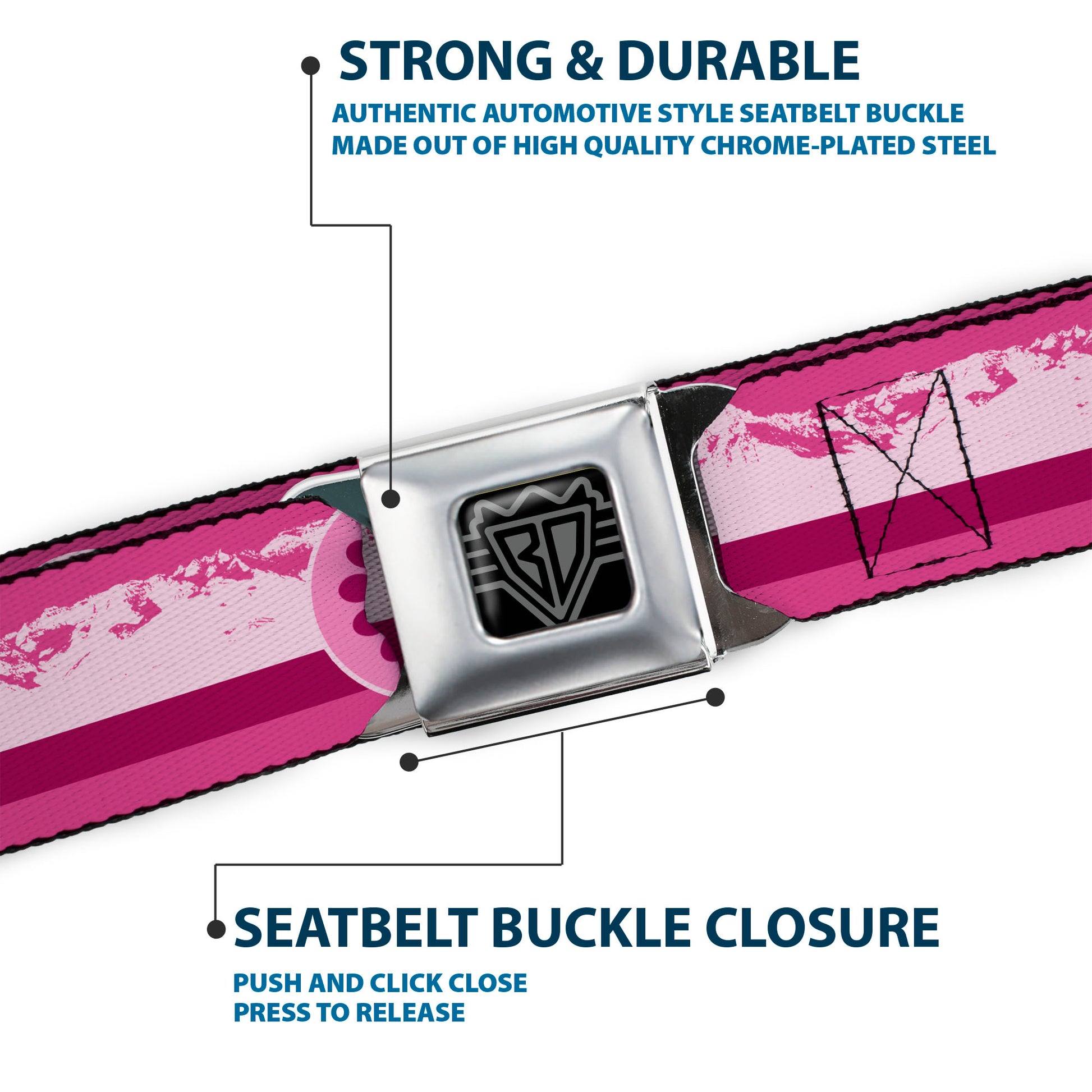 BD Wings Logo CLOSE-UP Black/Silver Seatbelt Belt - Colorado Paw/Mountains Pinks Webbing Seatbelt Belts Buckle-Down
