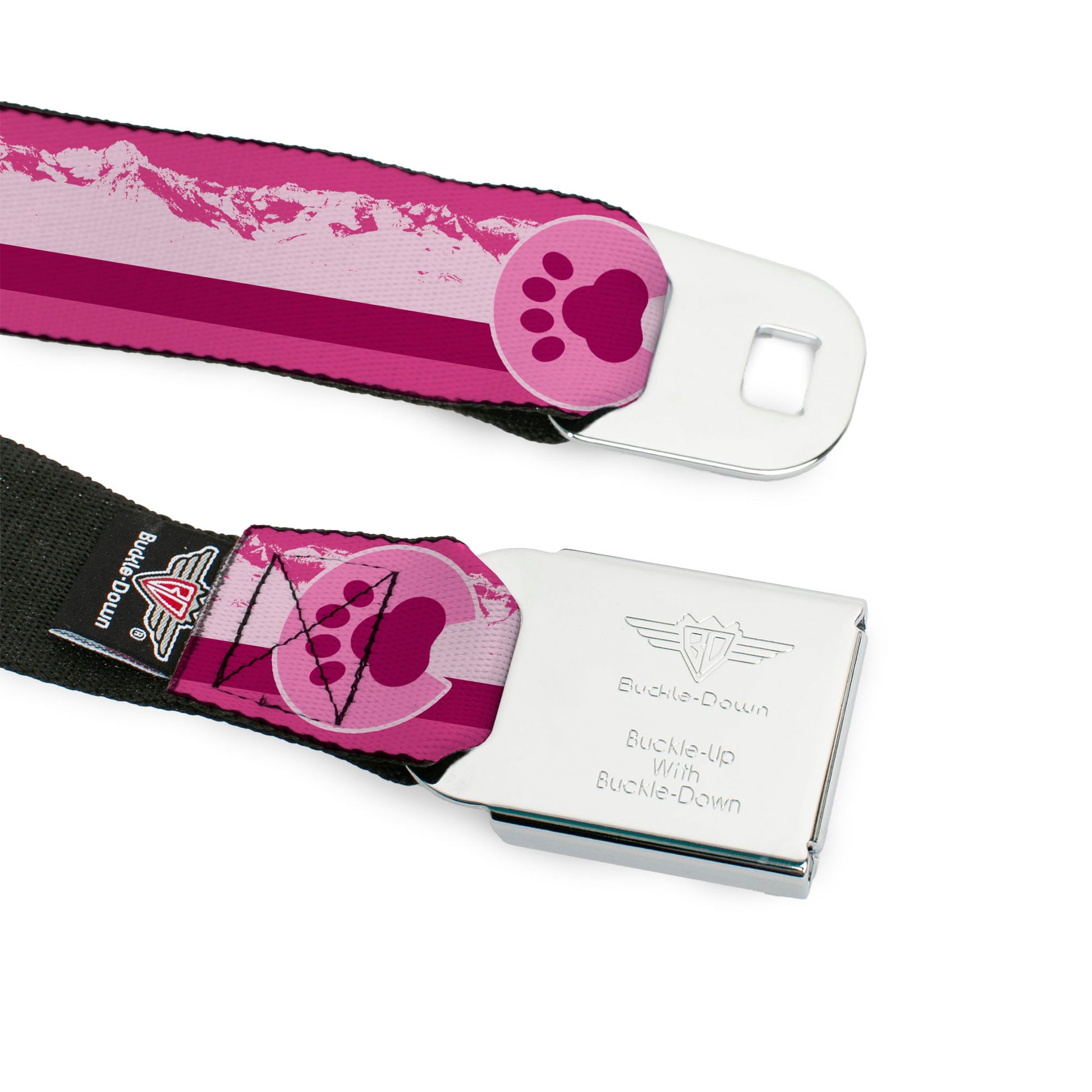 BD Wings Logo CLOSE-UP Black/Silver Seatbelt Belt - Colorado Paw/Mountains Pinks Webbing Seatbelt Belts Buckle-Down