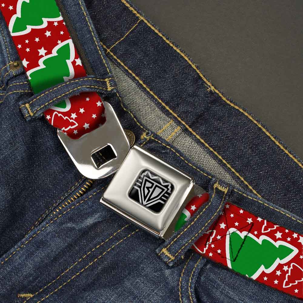 BD Wings Logo CLOSE-UP Full Color Black Silver Seatbelt Belt - Christmas Trees/Stars Red/White/Green Webbing Seatbelt Belts Buckle-Down