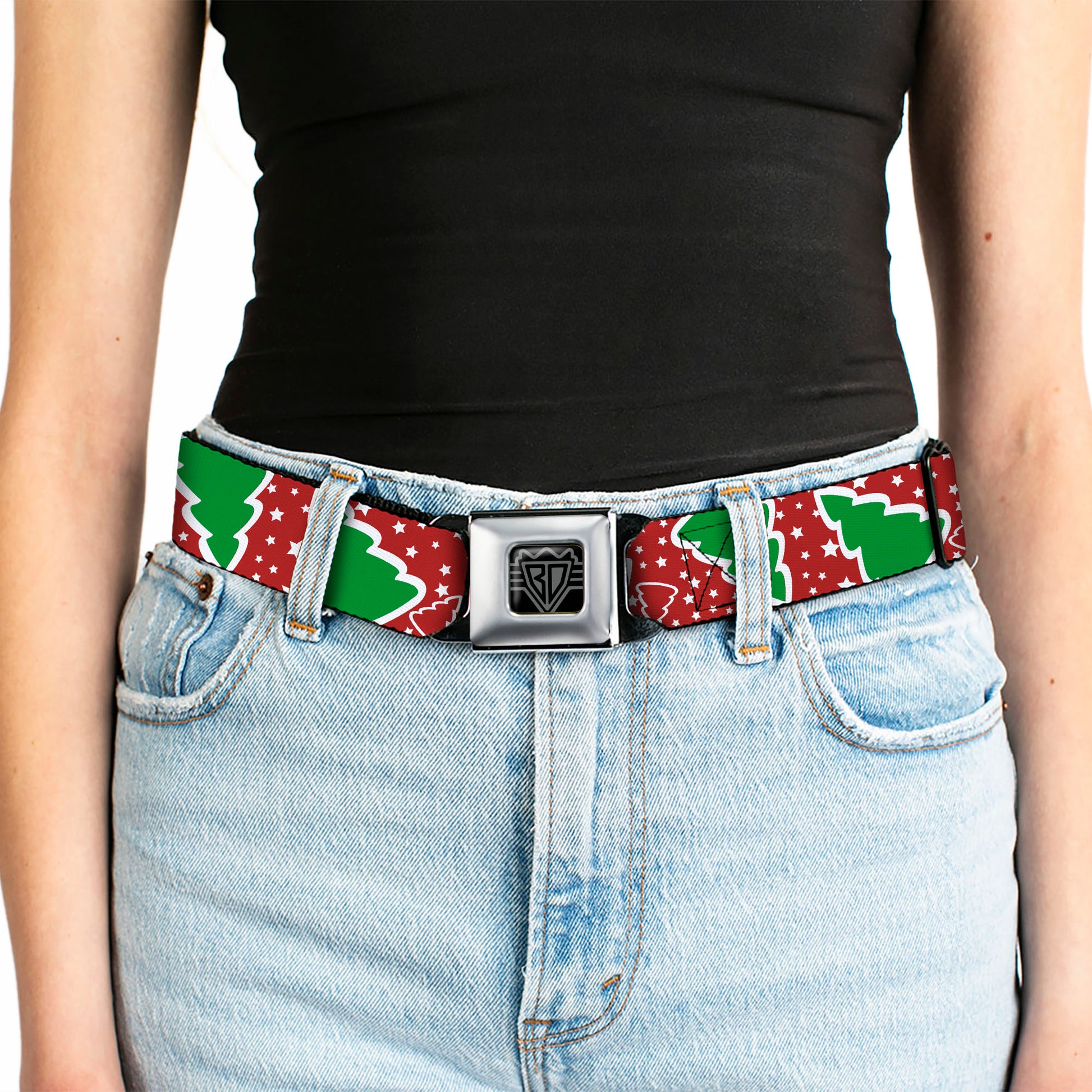 BD Wings Logo CLOSE-UP Full Color Black Silver Seatbelt Belt - Christmas Trees/Stars Red/White/Green Webbing Seatbelt Belts Buckle-Down