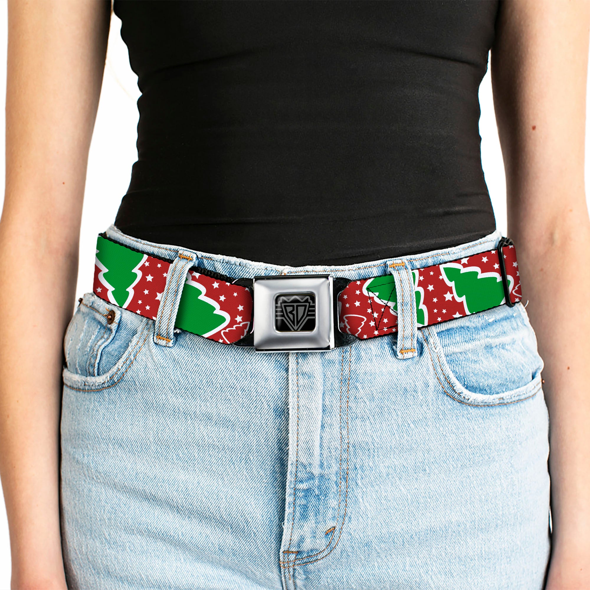 BD Wings Logo CLOSE-UP Full Color Black Silver Seatbelt Belt - Christmas Trees/Stars Red/White/Green Webbing Seatbelt Belts Buckle-Down