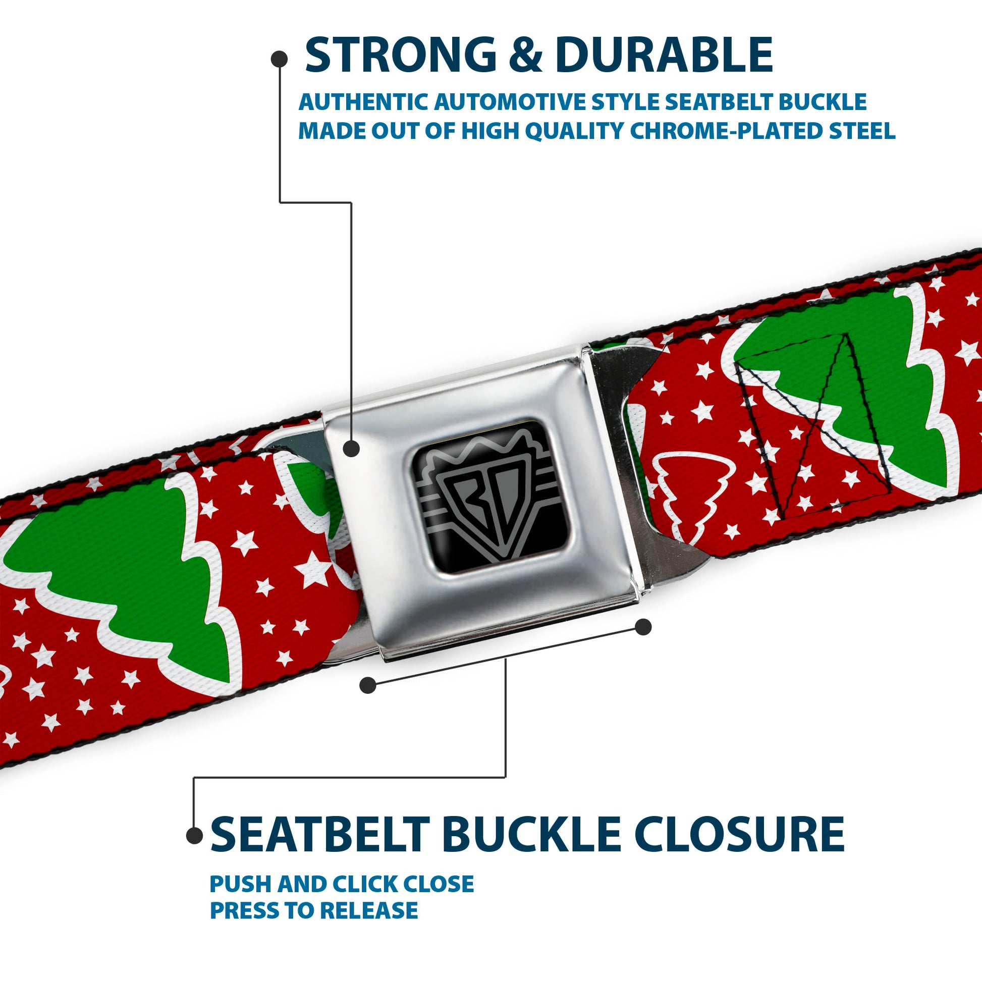 BD Wings Logo CLOSE-UP Full Color Black Silver Seatbelt Belt - Christmas Trees/Stars Red/White/Green Webbing Seatbelt Belts Buckle-Down