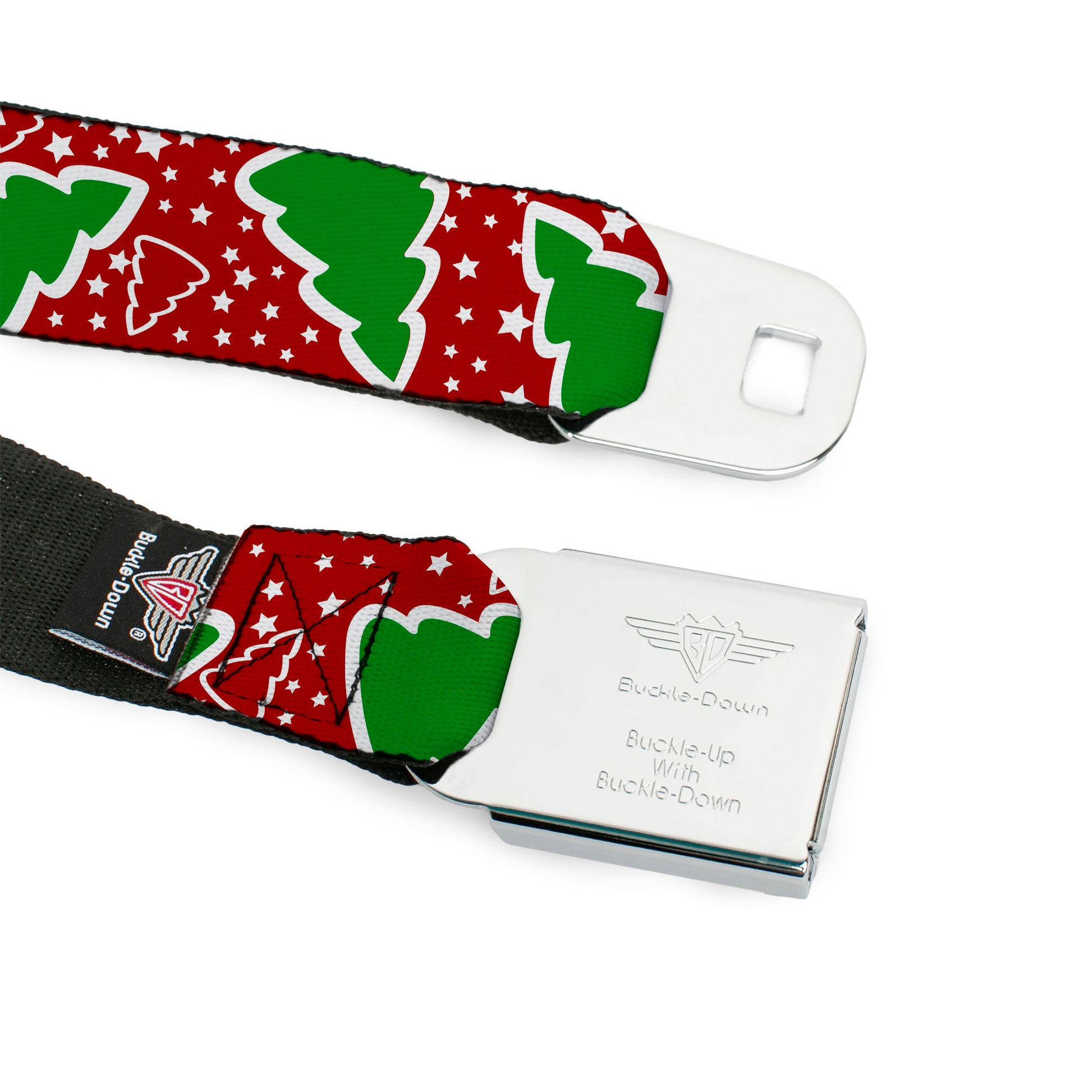 BD Wings Logo CLOSE-UP Full Color Black Silver Seatbelt Belt - Christmas Trees/Stars Red/White/Green Webbing Seatbelt Belts Buckle-Down