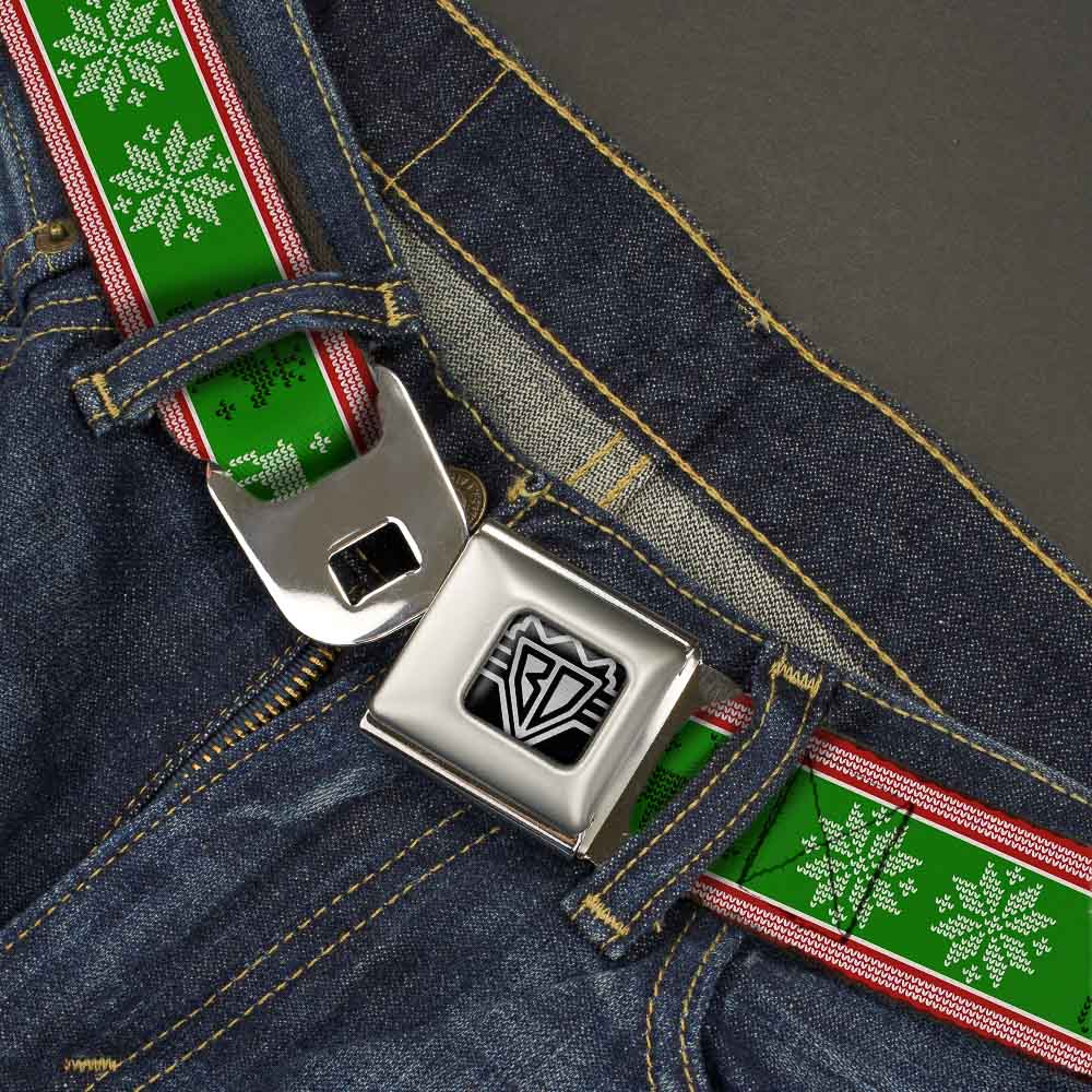 BD Wings Logo CLOSE-UP Full Color Black Silver Seatbelt Belt - Christmas Stitch Moose/Snowflakes Red/Green Webbing Seatbelt Belts Buckle-Down