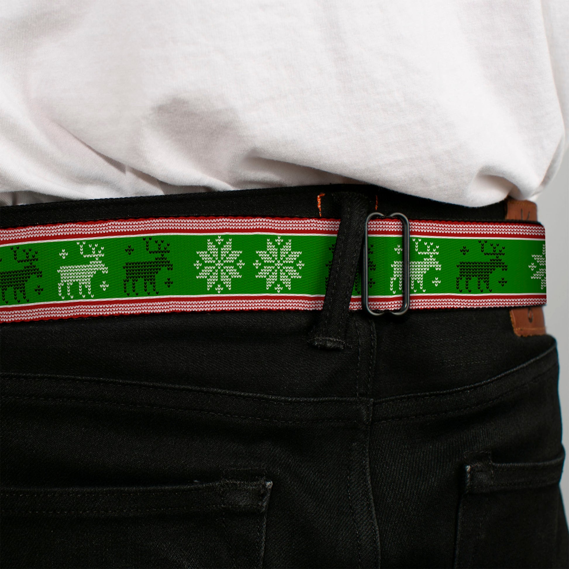 BD Wings Logo CLOSE-UP Full Color Black Silver Seatbelt Belt - Christmas Stitch Moose/Snowflakes Red/Green Webbing Seatbelt Belts Buckle-Down