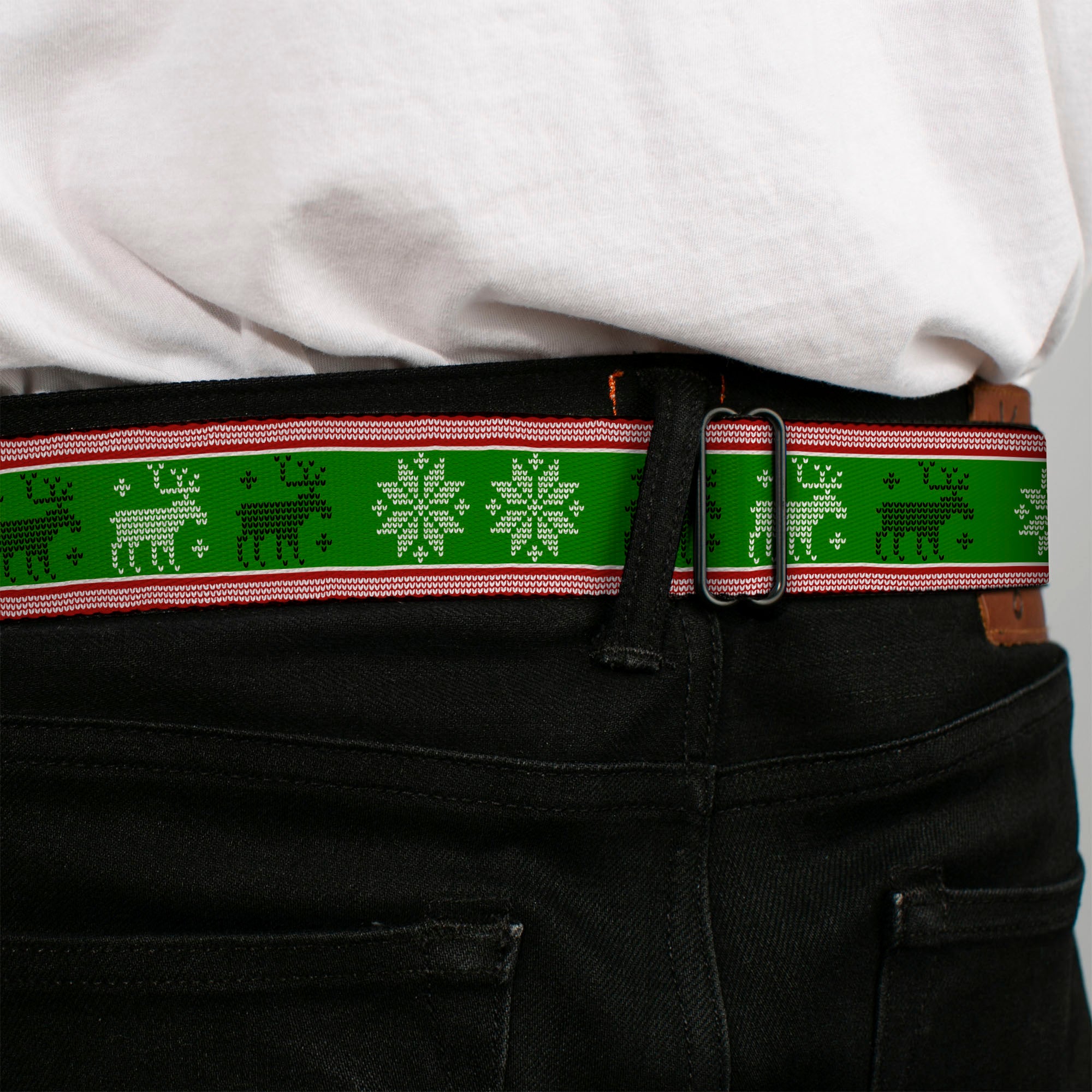BD Wings Logo CLOSE-UP Full Color Black Silver Seatbelt Belt - Christmas Stitch Moose/Snowflakes Red/Green Webbing Seatbelt Belts Buckle-Down
