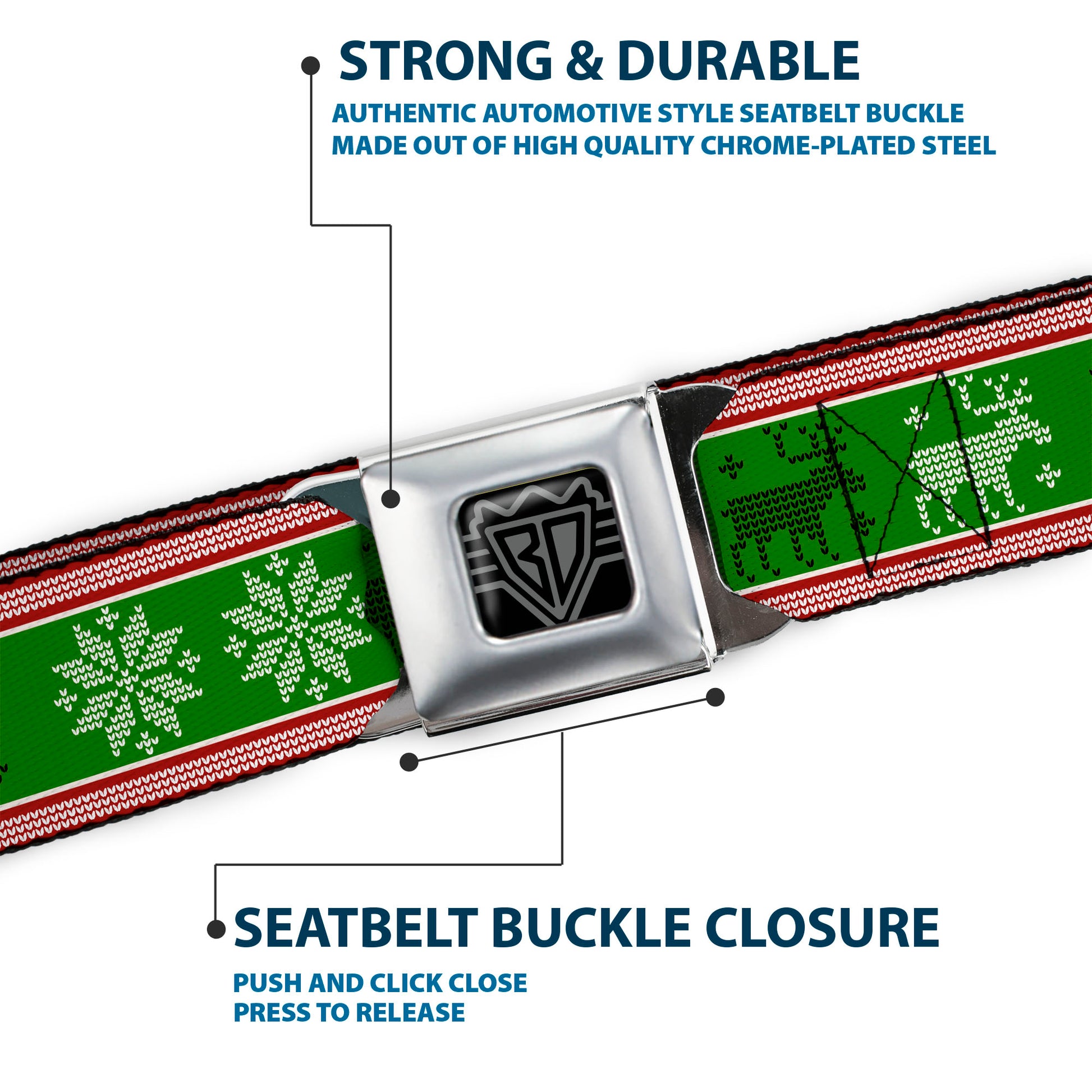 BD Wings Logo CLOSE-UP Full Color Black Silver Seatbelt Belt - Christmas Stitch Moose/Snowflakes Red/Green Webbing Seatbelt Belts Buckle-Down