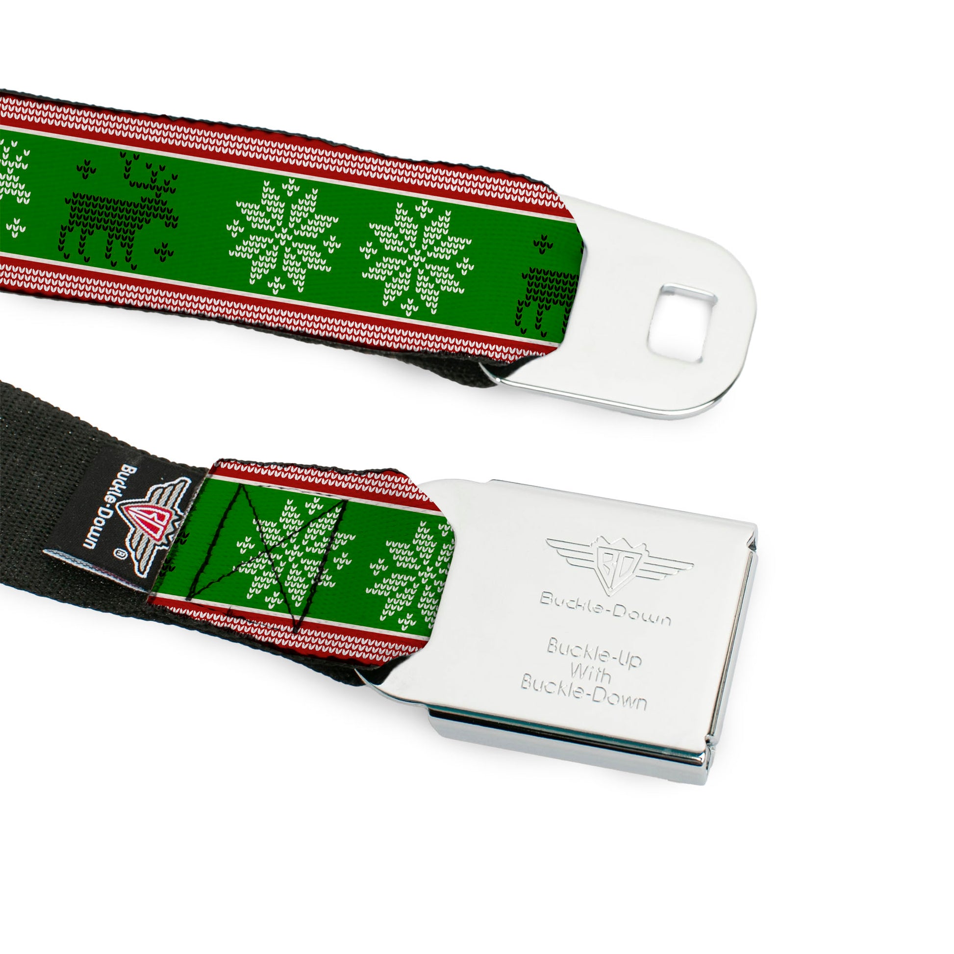 BD Wings Logo CLOSE-UP Full Color Black Silver Seatbelt Belt - Christmas Stitch Moose/Snowflakes Red/Green Webbing Seatbelt Belts Buckle-Down