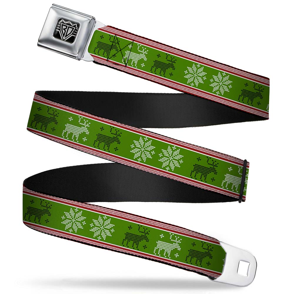 BD Wings Logo CLOSE-UP Full Color Black Silver Seatbelt Belt - Christmas Stitch Moose/Snowflakes Red/Green Webbing Seatbelt Belts Buckle-Down