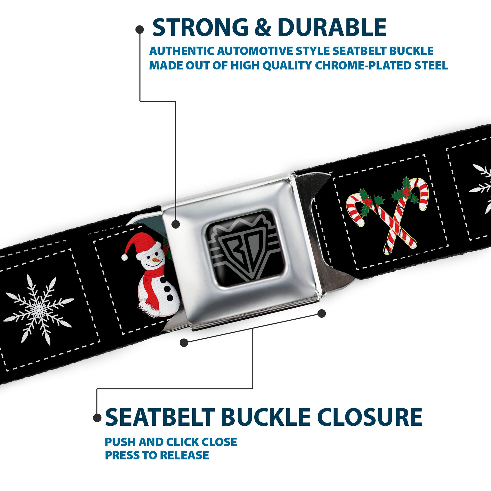 BD Wings Logo CLOSE-UP Full Color Black Silver Seatbelt Belt - Christmas Blocks Black/White/Multi Color Webbing Seatbelt Belts Buckle-Down
