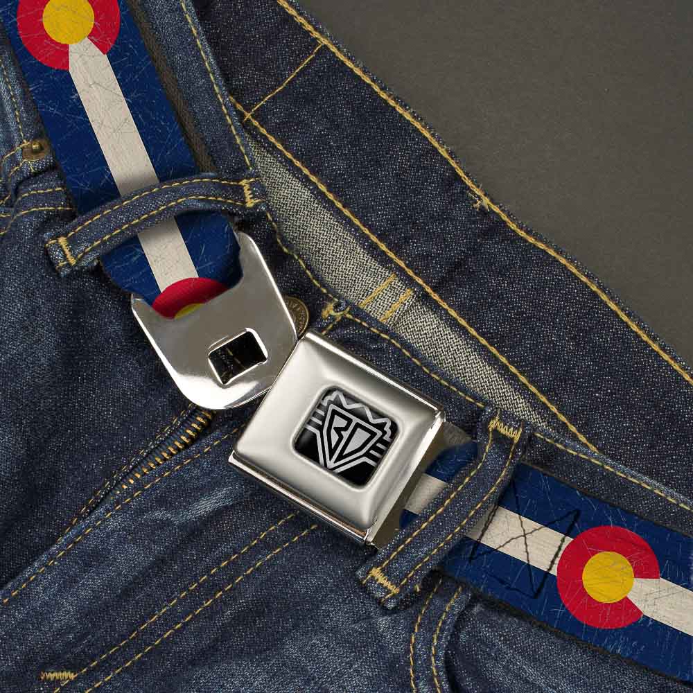 BD Wings Logo CLOSE-UP Full Color Black Silver Seatbelt Belt - Colorado Flags2 Repeat Vintage Webbing Seatbelt Belts Buckle-Down
