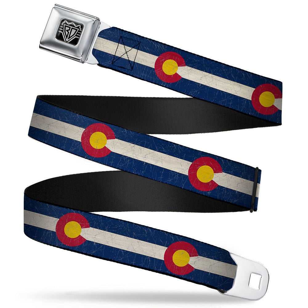 BD Wings Logo CLOSE-UP Full Color Black Silver Seatbelt Belt - Colorado Flags2 Repeat Vintage Webbing Seatbelt Belts Buckle-Down