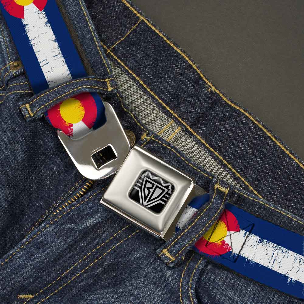BD Wings Logo CLOSE-UP Full Color Black Silver Seatbelt Belt - Colorado Flags2 Repeat Weathered Webbing Seatbelt Belts Buckle-Down