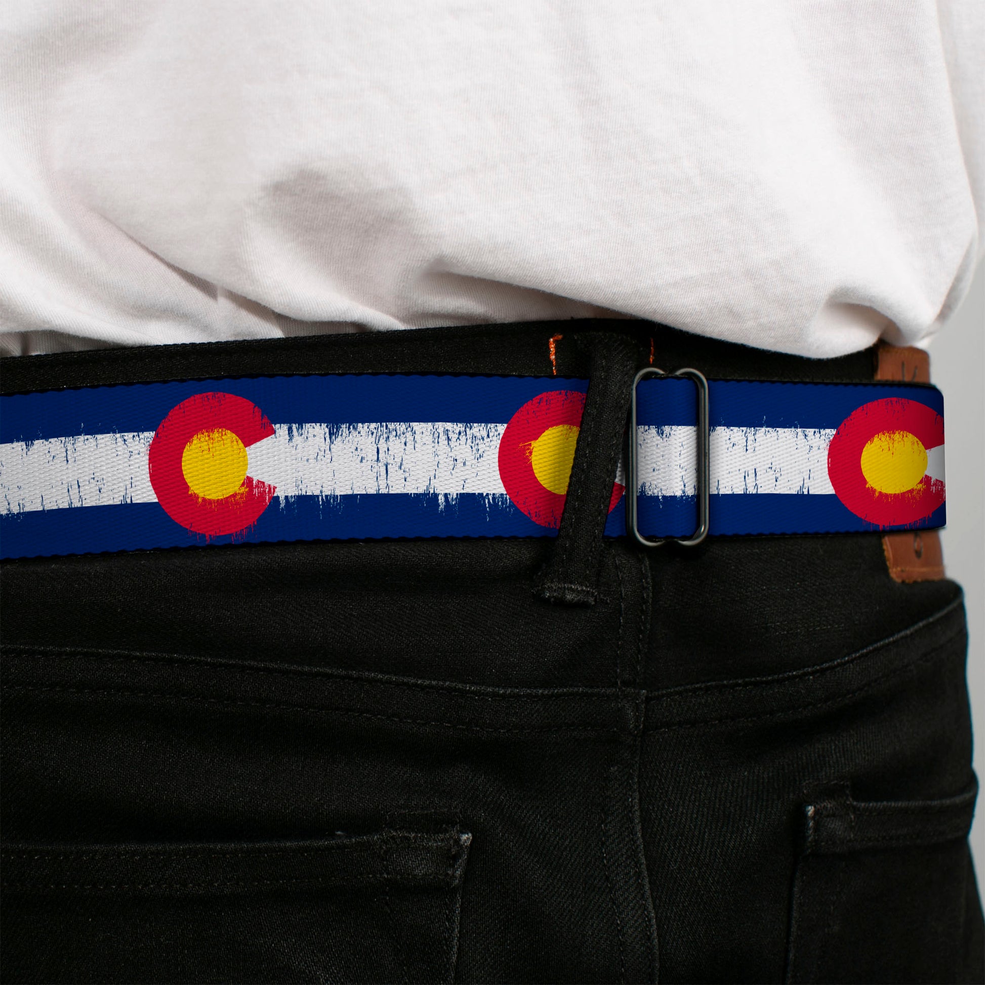 BD Wings Logo CLOSE-UP Full Color Black Silver Seatbelt Belt - Colorado Flags2 Repeat Weathered Webbing Seatbelt Belts Buckle-Down