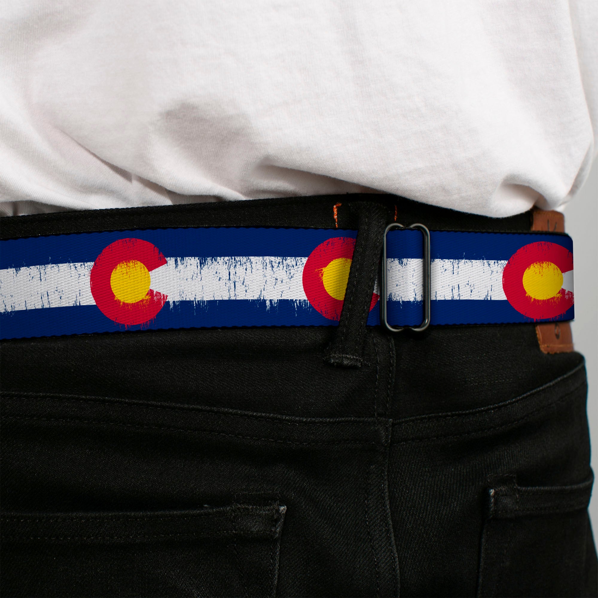 BD Wings Logo CLOSE-UP Full Color Black Silver Seatbelt Belt - Colorado Flags2 Repeat Weathered Webbing Seatbelt Belts Buckle-Down