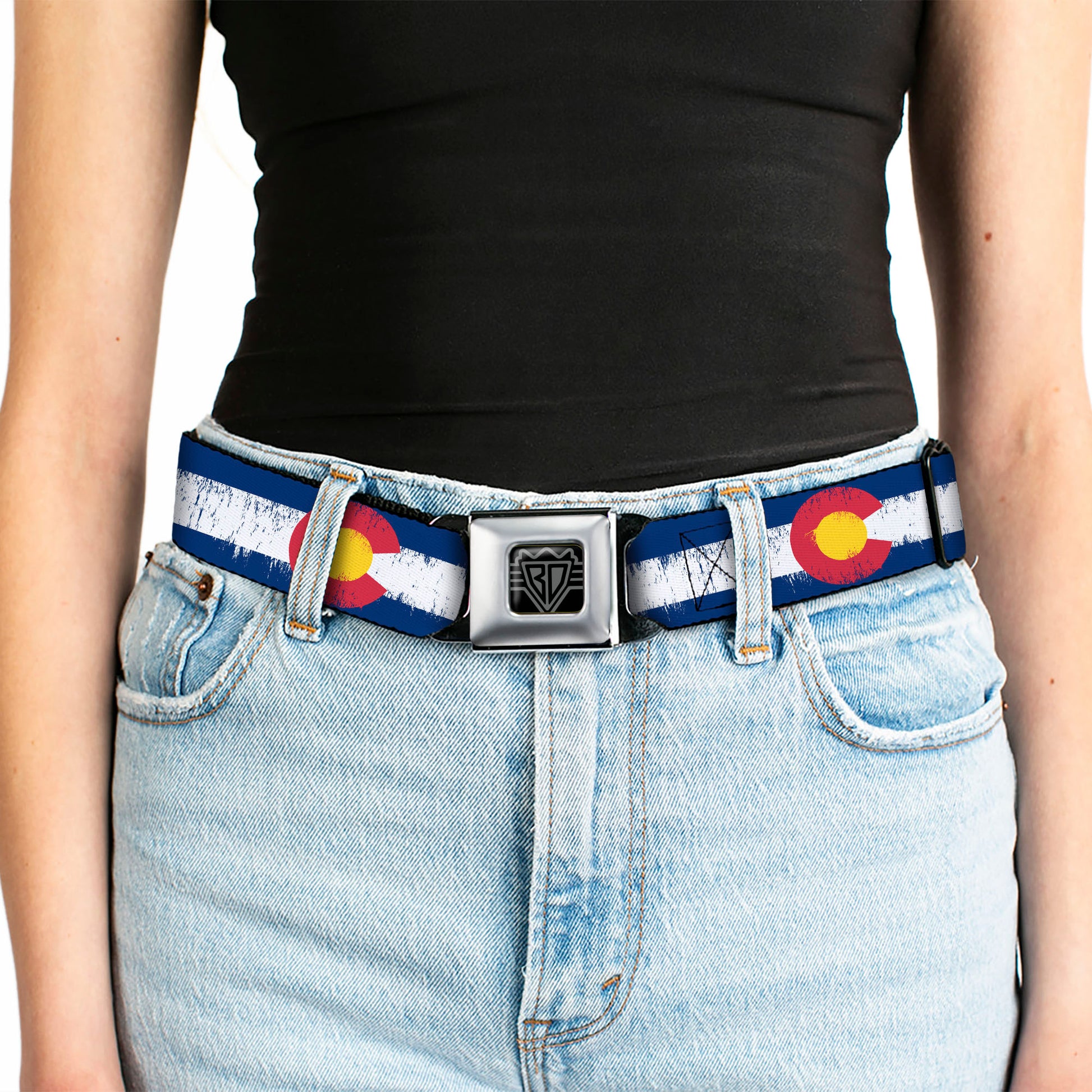 BD Wings Logo CLOSE-UP Full Color Black Silver Seatbelt Belt - Colorado Flags2 Repeat Weathered Webbing Seatbelt Belts Buckle-Down