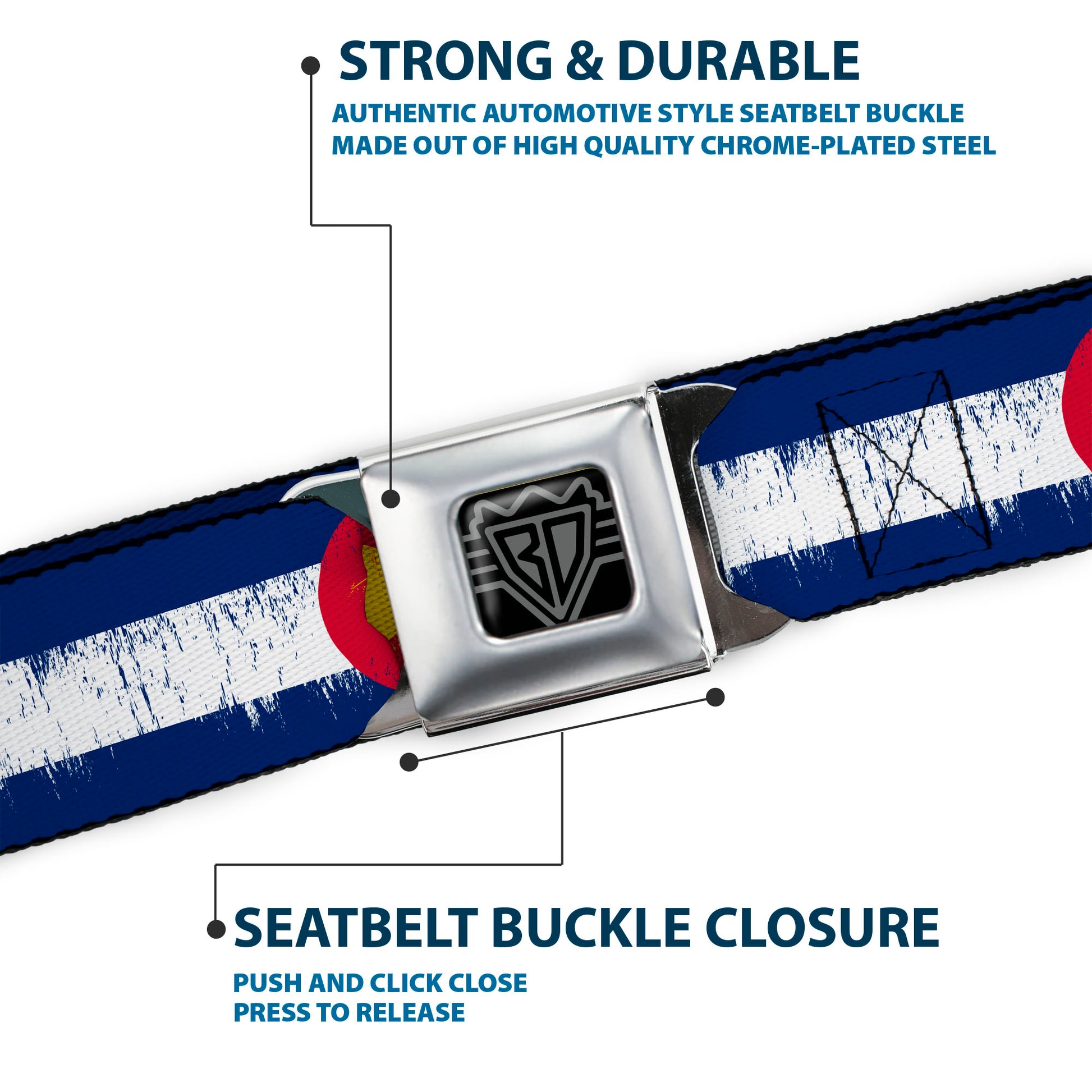 BD Wings Logo CLOSE-UP Full Color Black Silver Seatbelt Belt - Colorado Flags2 Repeat Weathered Webbing Seatbelt Belts Buckle-Down