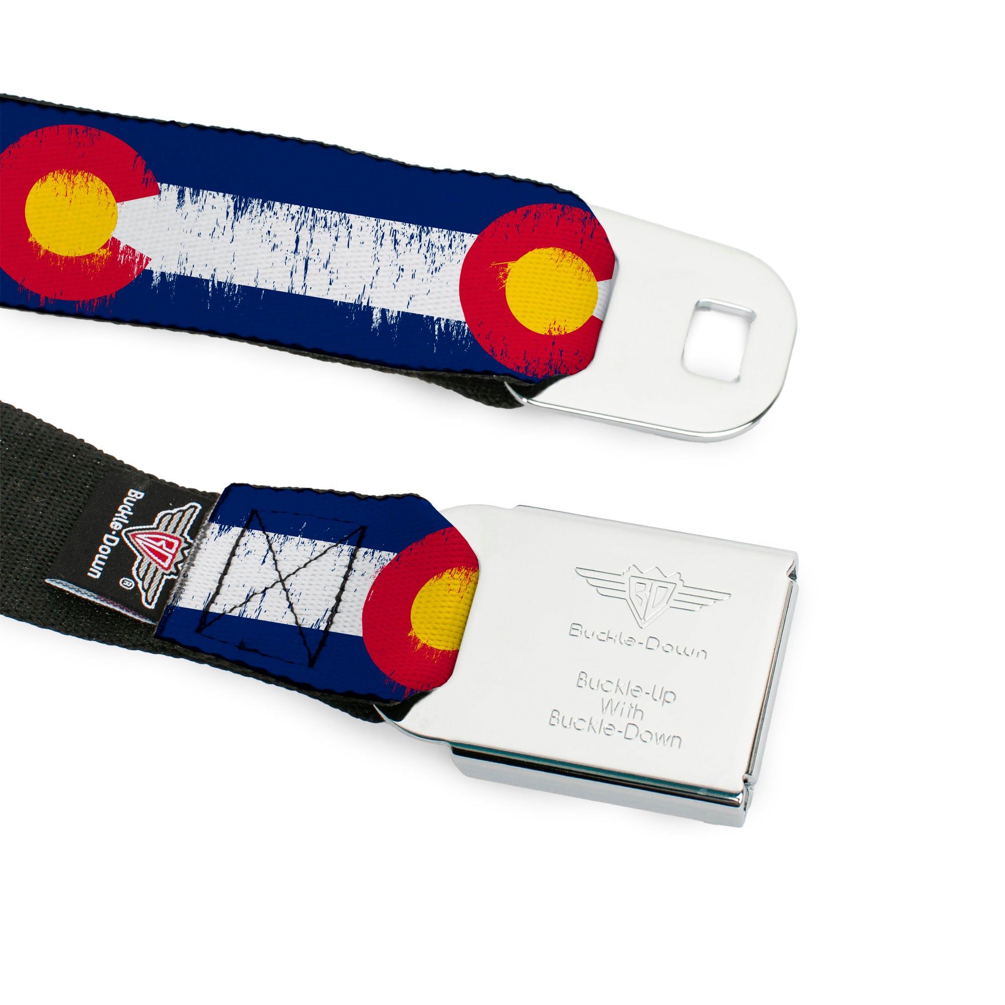 BD Wings Logo CLOSE-UP Full Color Black Silver Seatbelt Belt - Colorado Flags2 Repeat Weathered Webbing Seatbelt Belts Buckle-Down