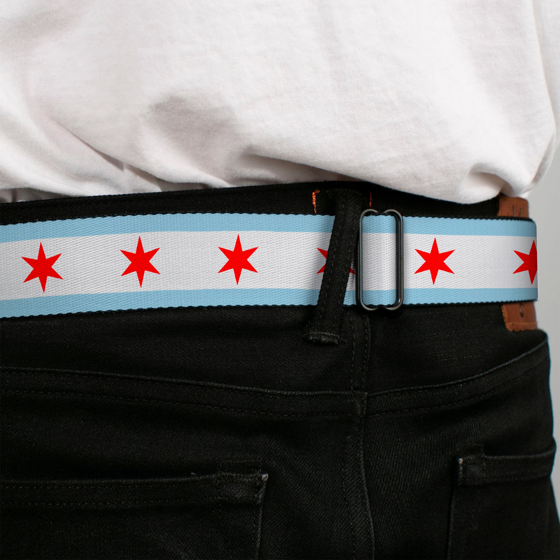 BD Wings Logo CLOSE-UP Full Color Black Silver Seatbelt Belt - Chicago Flag Webbing Seatbelt Belts Buckle-Down