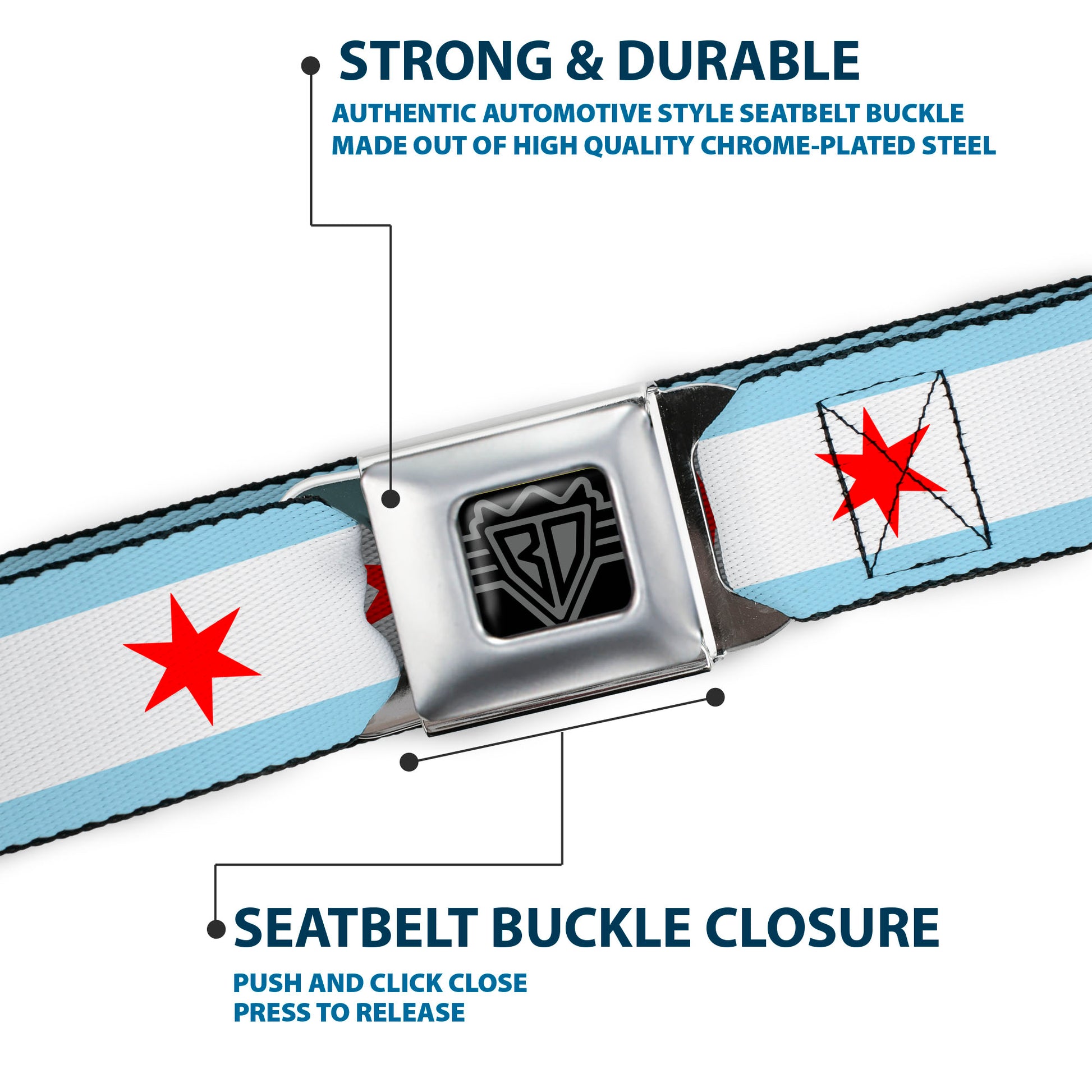 BD Wings Logo CLOSE-UP Full Color Black Silver Seatbelt Belt - Chicago Flag Webbing Seatbelt Belts Buckle-Down