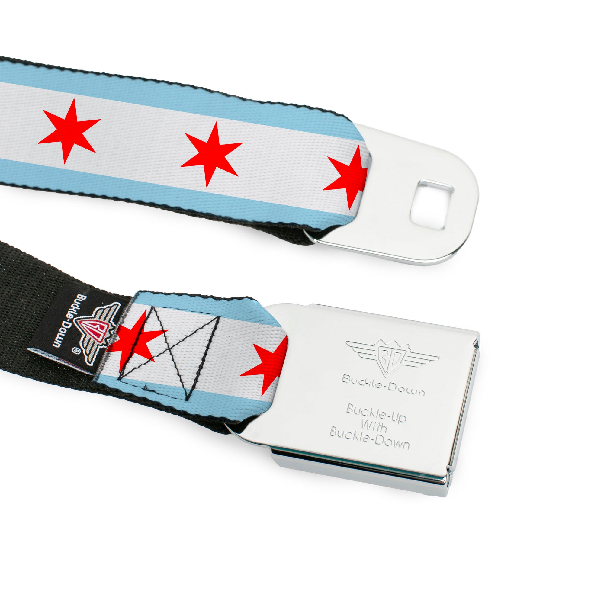 BD Wings Logo CLOSE-UP Full Color Black Silver Seatbelt Belt - Chicago Flag Webbing Seatbelt Belts Buckle-Down