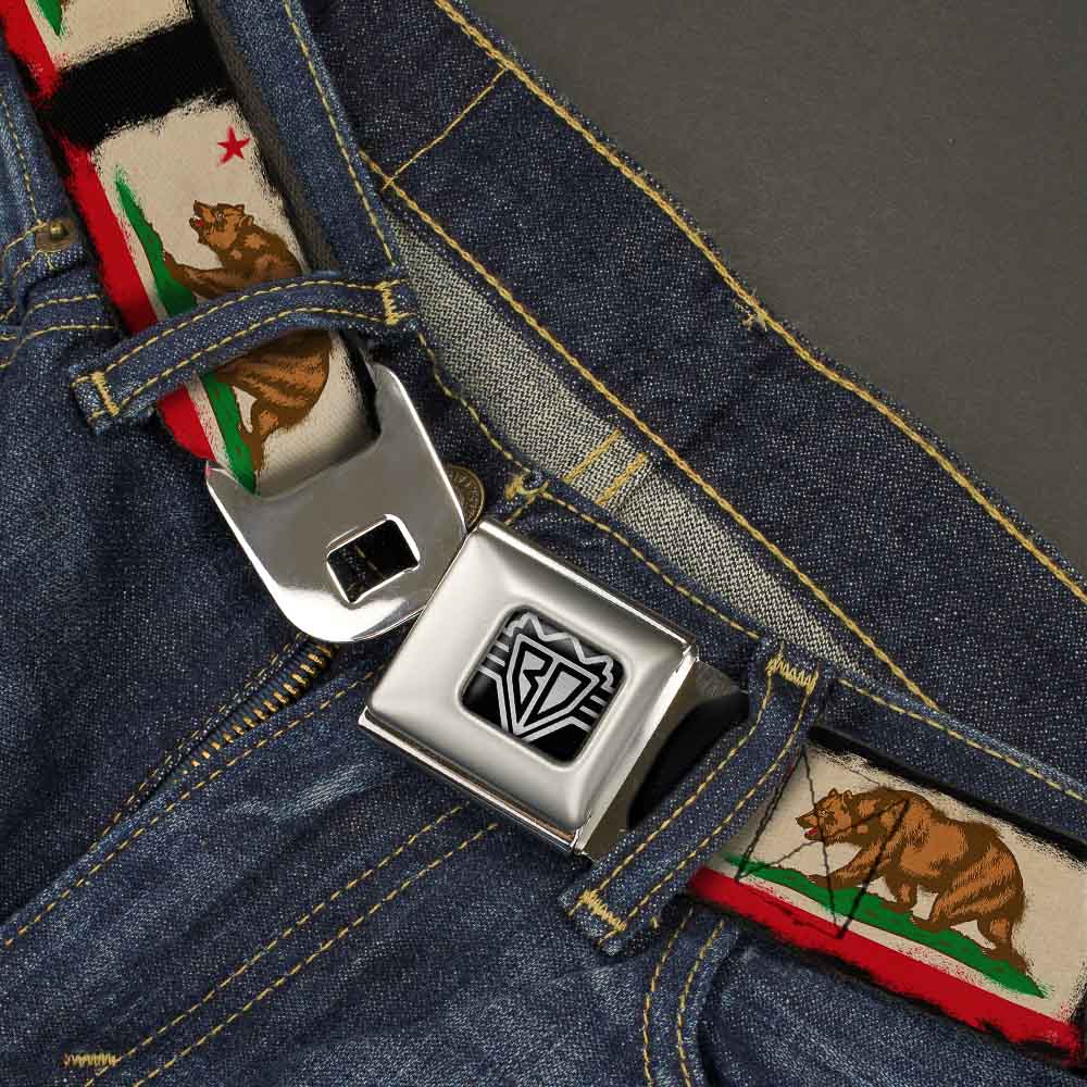 BD Wings Logo CLOSE-UP Full Color Black Silver Seatbelt Belt - California Flag Distressed Painting Blocks Webbing Seatbelt Belts Buckle-Down