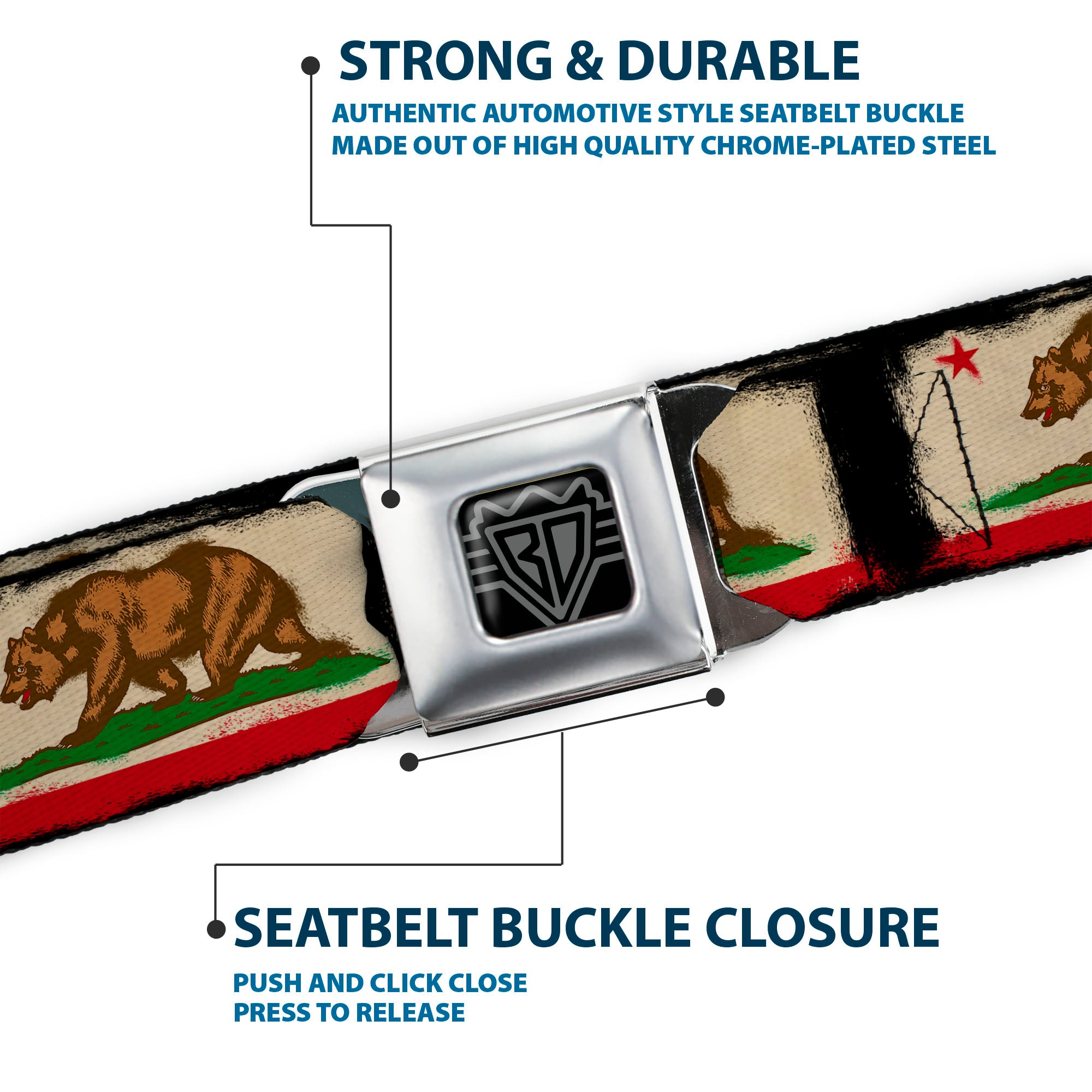 BD Wings Logo CLOSE-UP Full Color Black Silver Seatbelt Belt - California Flag Distressed Painting Blocks Webbing Seatbelt Belts Buckle-Down