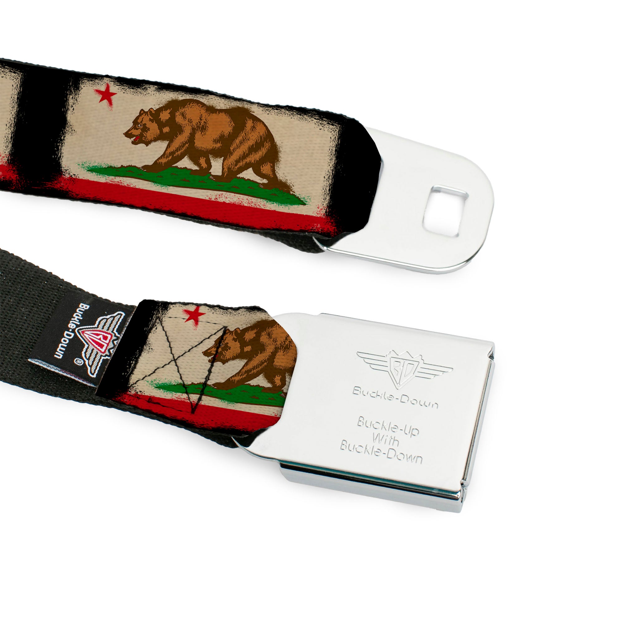 BD Wings Logo CLOSE-UP Full Color Black Silver Seatbelt Belt - California Flag Distressed Painting Blocks Webbing Seatbelt Belts Buckle-Down
