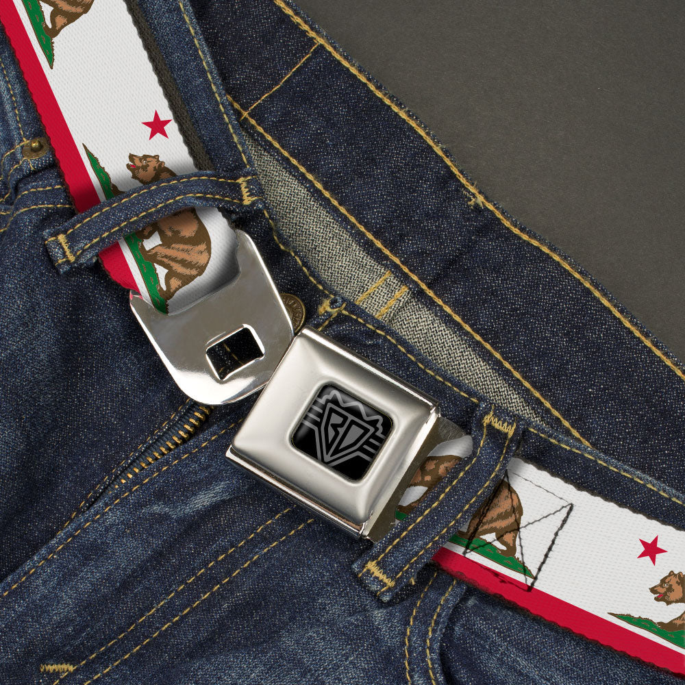 BD Wings Logo CLOSE-UP Black/Silver Seatbelt Belt - California Flag White w/Stripe Webbing Seatbelt Belts Buckle-Down