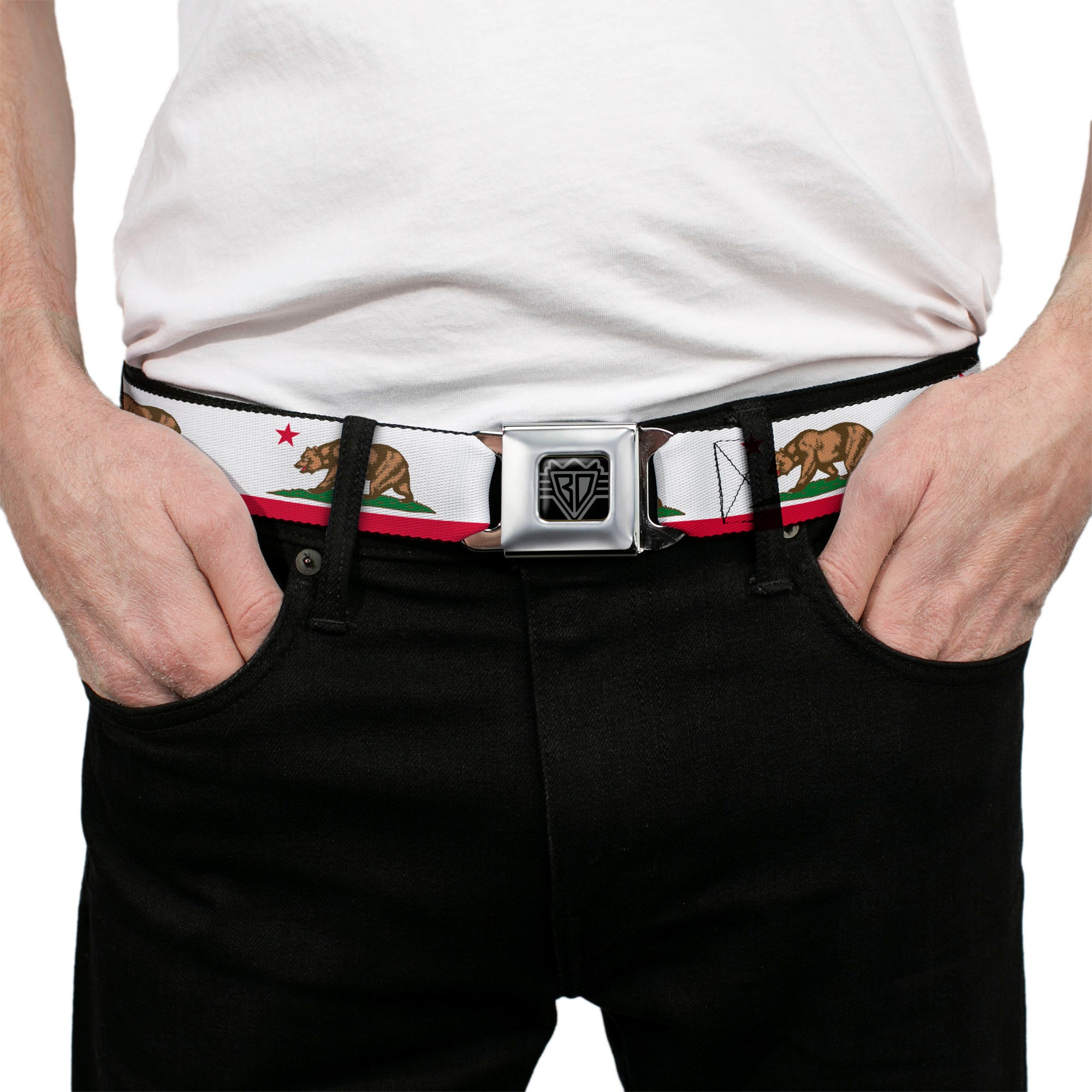 BD Wings Logo CLOSE-UP Black/Silver Seatbelt Belt - California Flag White w/Stripe Webbing Seatbelt Belts Buckle-Down
