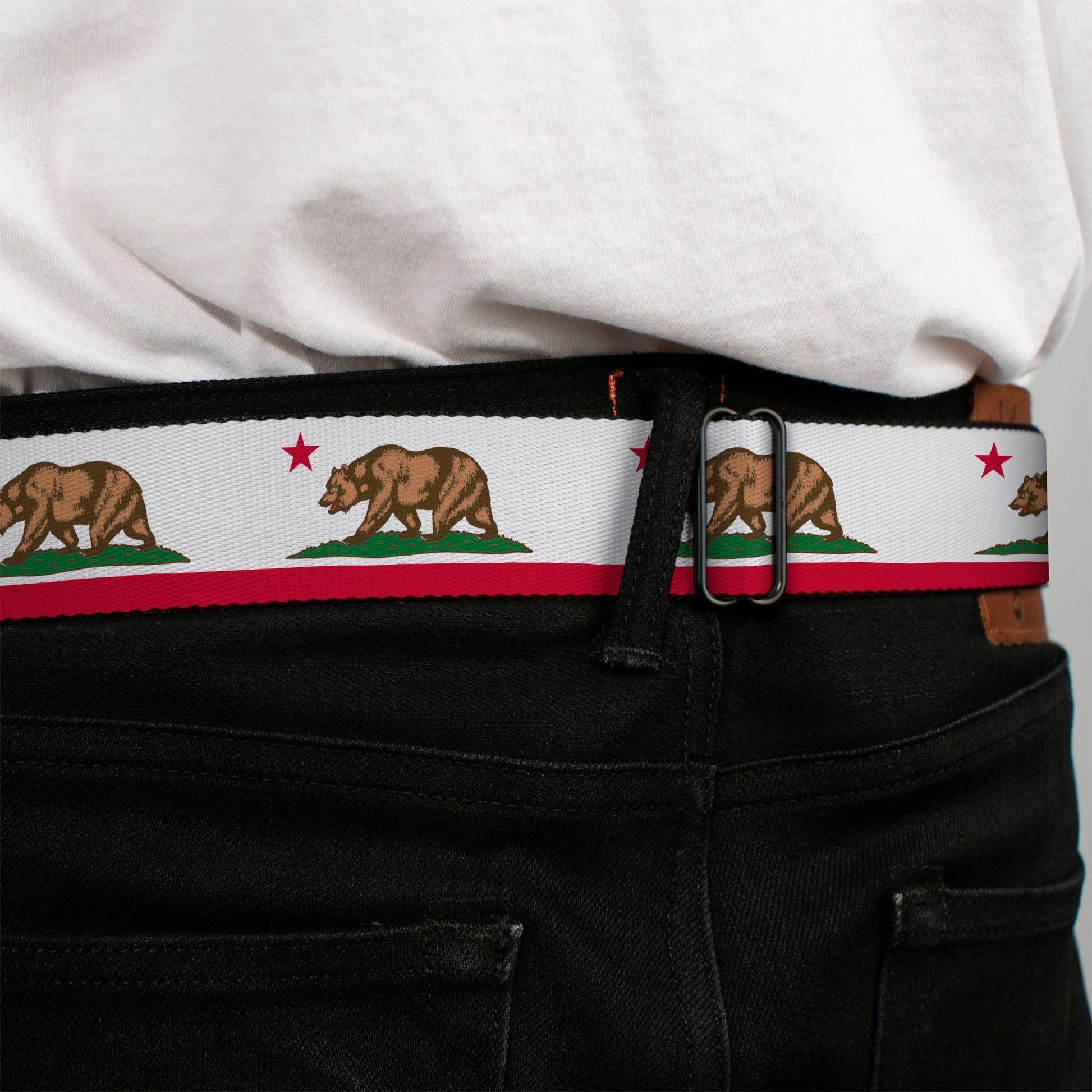 BD Wings Logo CLOSE-UP Black/Silver Seatbelt Belt - California Flag White w/Stripe Webbing Seatbelt Belts Buckle-Down