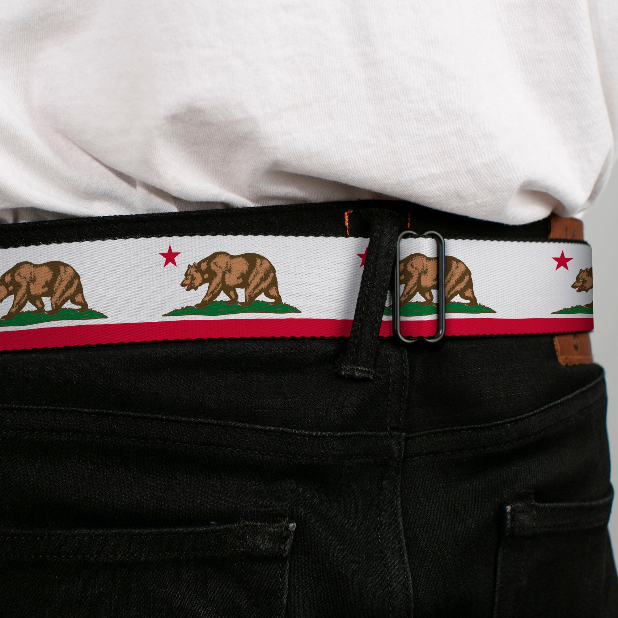 BD Wings Logo CLOSE-UP Black/Silver Seatbelt Belt - California Flag White w/Stripe Webbing Seatbelt Belts Buckle-Down