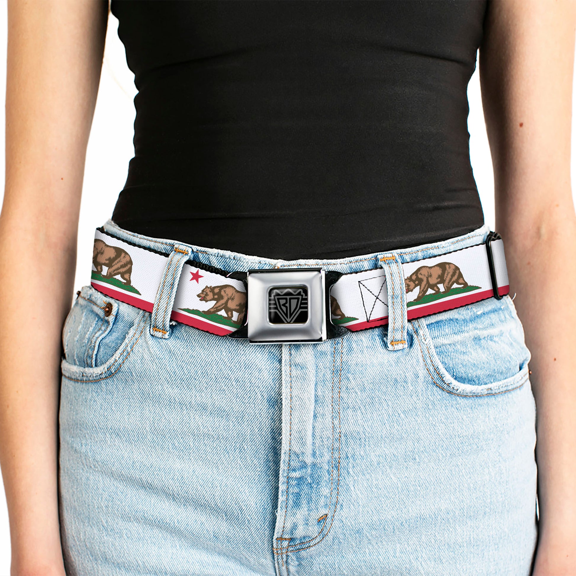 BD Wings Logo CLOSE-UP Black/Silver Seatbelt Belt - California Flag White w/Stripe Webbing Seatbelt Belts Buckle-Down