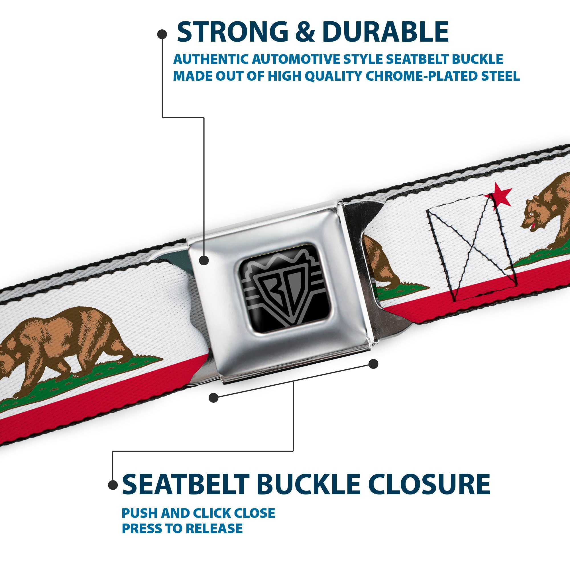 BD Wings Logo CLOSE-UP Black/Silver Seatbelt Belt - California Flag White w/Stripe Webbing Seatbelt Belts Buckle-Down