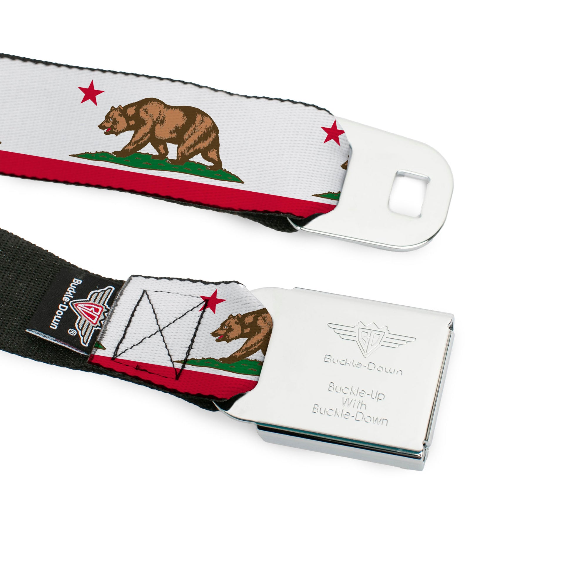 BD Wings Logo CLOSE-UP Black/Silver Seatbelt Belt - California Flag White w/Stripe Webbing Seatbelt Belts Buckle-Down