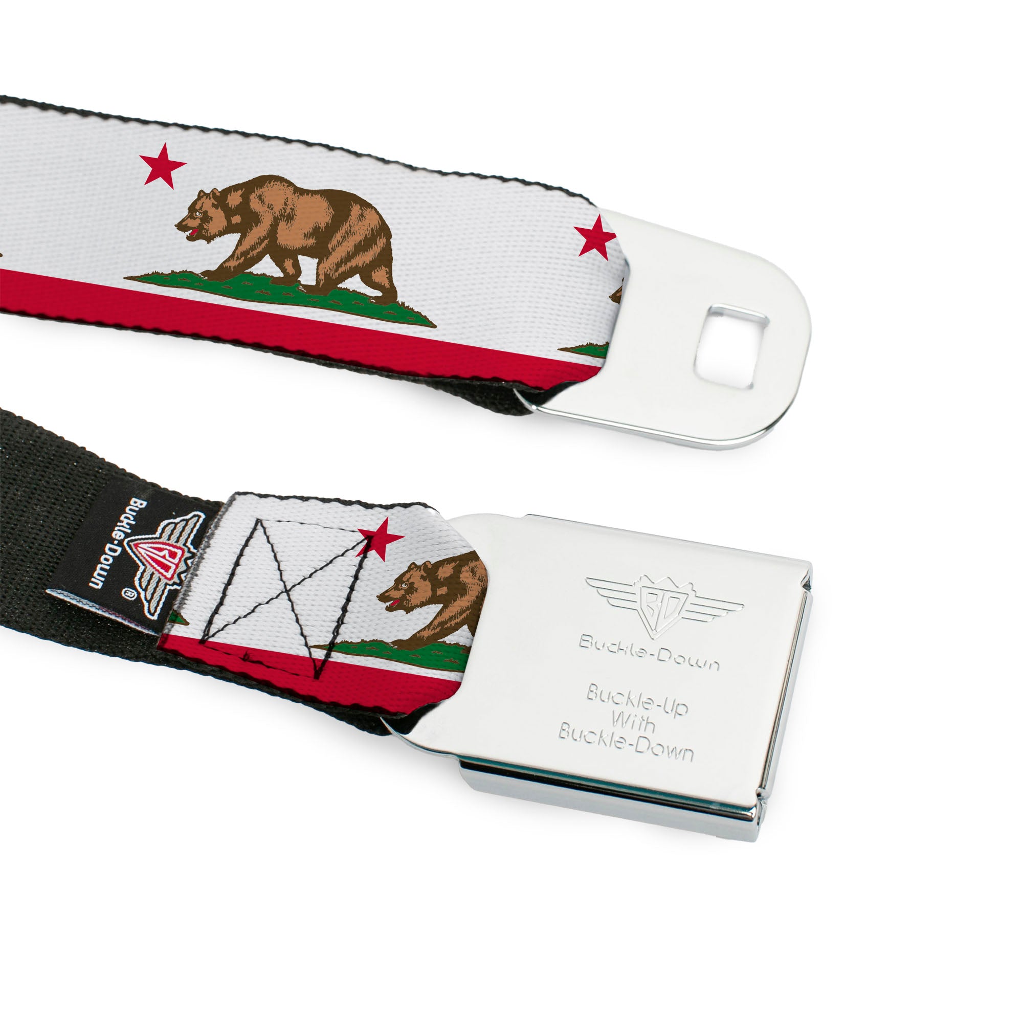 BD Wings Logo CLOSE-UP Black/Silver Seatbelt Belt - California Flag White w/Stripe Webbing Seatbelt Belts Buckle-Down