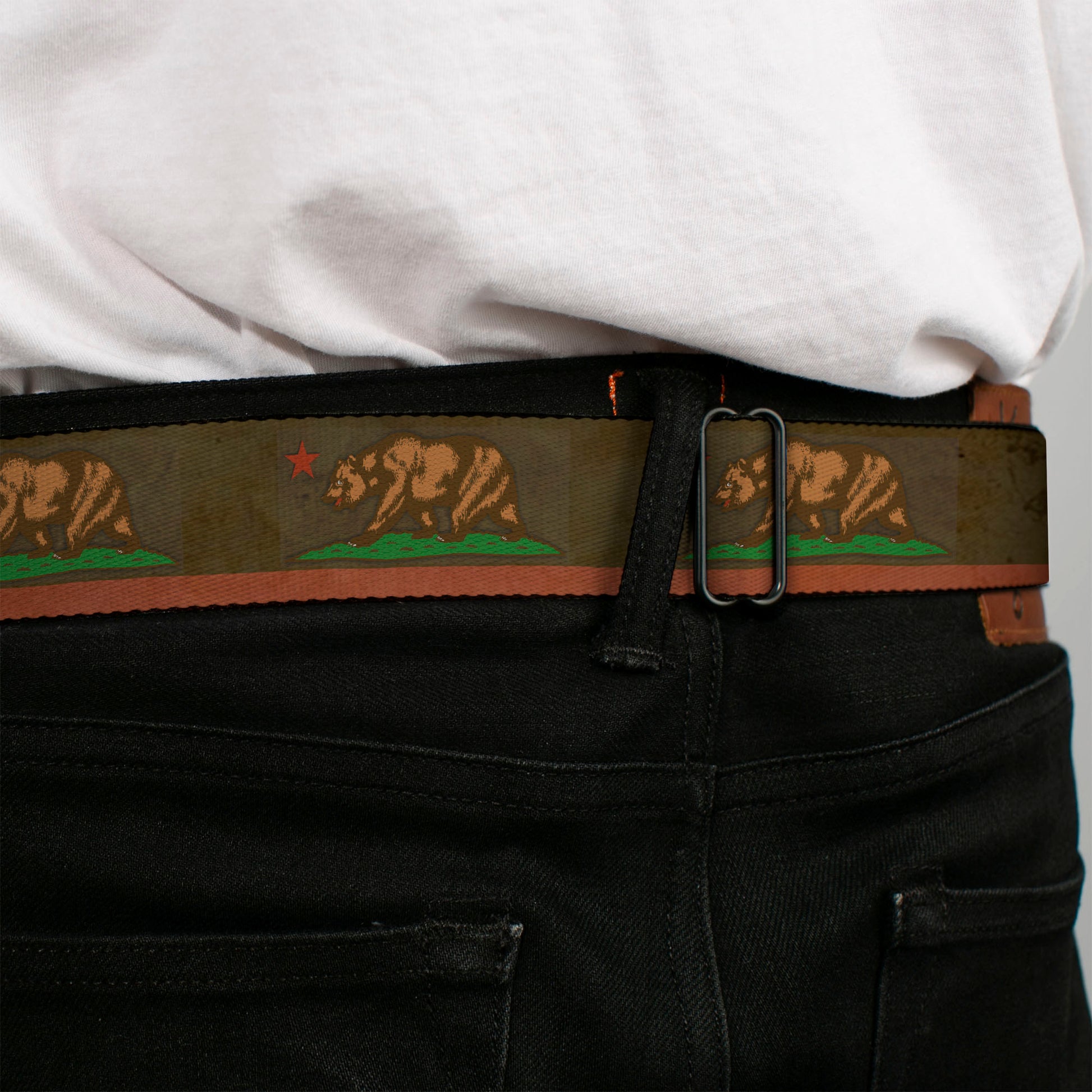 BD Wings Logo CLOSE-UP Full Color Black Silver Seatbelt Belt - California Flag Weathered Browns Webbing Seatbelt Belts Buckle-Down