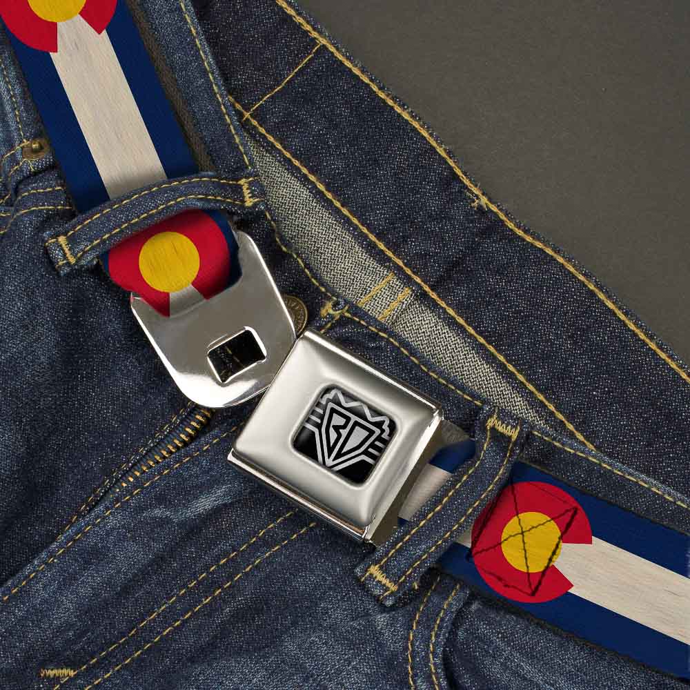 BD Wings Logo CLOSE-UP Full Color Black Silver Seatbelt Belt - Colorado Flags2 Repeat Vintage2 Webbing Seatbelt Belts Buckle-Down